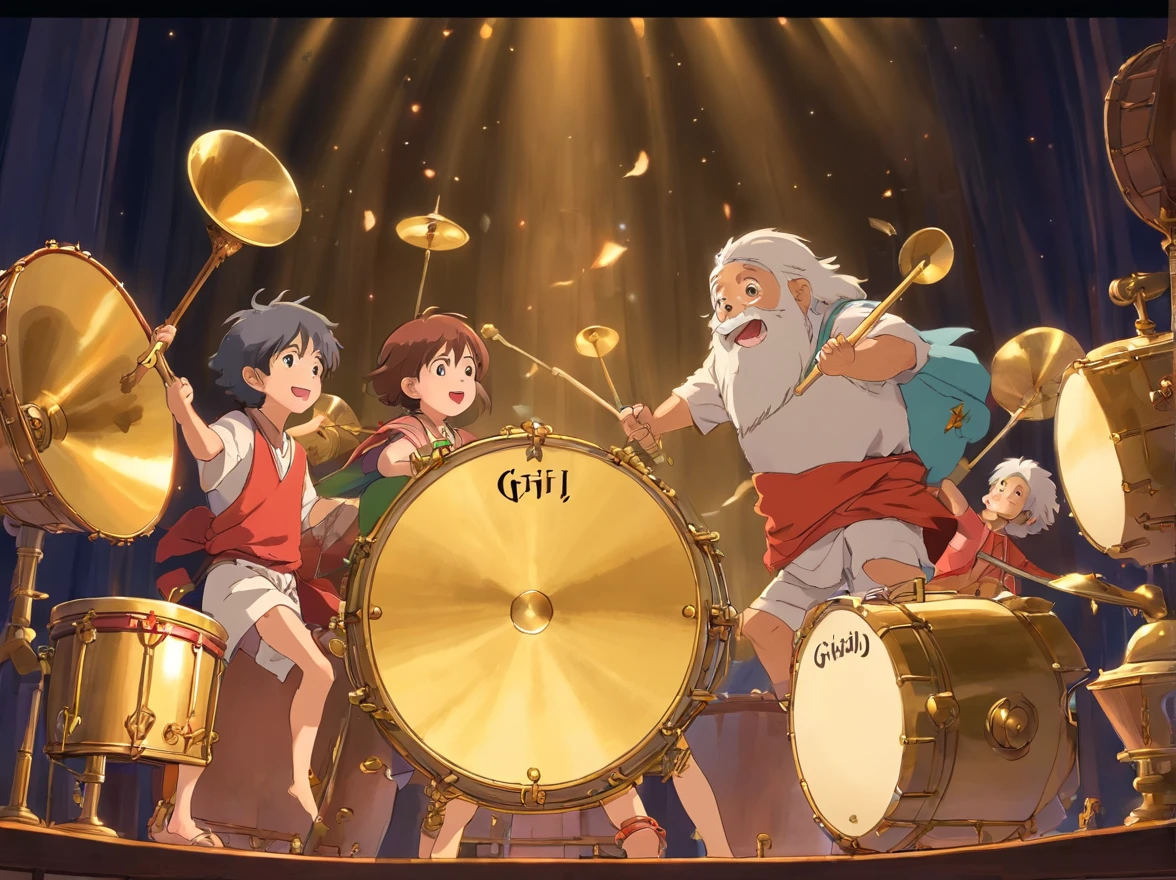 Music starts,Everyone banged the brass drum in unison,The brass drums on the stage emit a thick and powerful sound。The little boy and his friends played the brass drum happily,The stage is brightly lit。