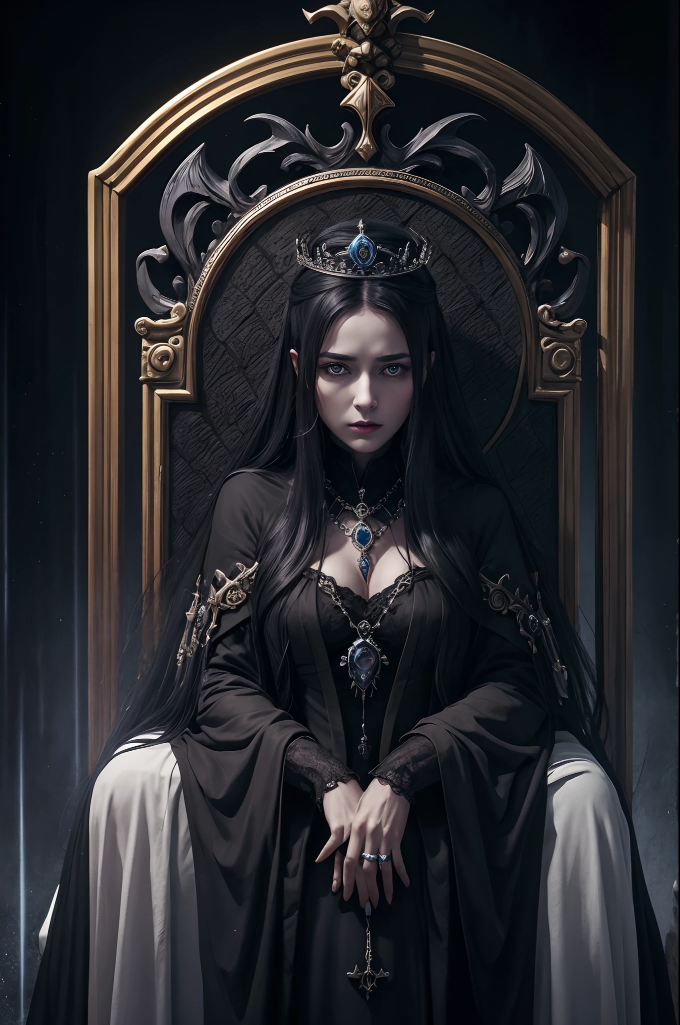 Black and blue tones、Hell、purgatory、Mozart's Requiem、Mystical、horor、gotik、darkness、karo、badas、epidemic、ruler、Pitch Black Darkness、hopelessness、lamentation、oppression、nothingness、intense cold、Black Ghost、Adult female mature woman in her 40s、a throne、Queen of the Dead、Persephone、lilith、hades、Greatest awe、immortal、draconian、dignity、Awe-inspiring Hall々、Proud、noble、dignity、solemnity、Bewitching、Accomplishment、hatred、obsession、jewely、ruthless、greed、Lack of warmth、3-point live method、Oil Painting、Best Quality、hight resolution、foco nítido、Perfect Angle、Perfect shadow representation、perfect-composition、From Side、Portrait of Queen D,Highly detailed footage of the Queen of the Dead,Stunning portrait of the Queen of the Exparted,Portrait of the Queen of the Dead,Queen of the Dead Full Body Close