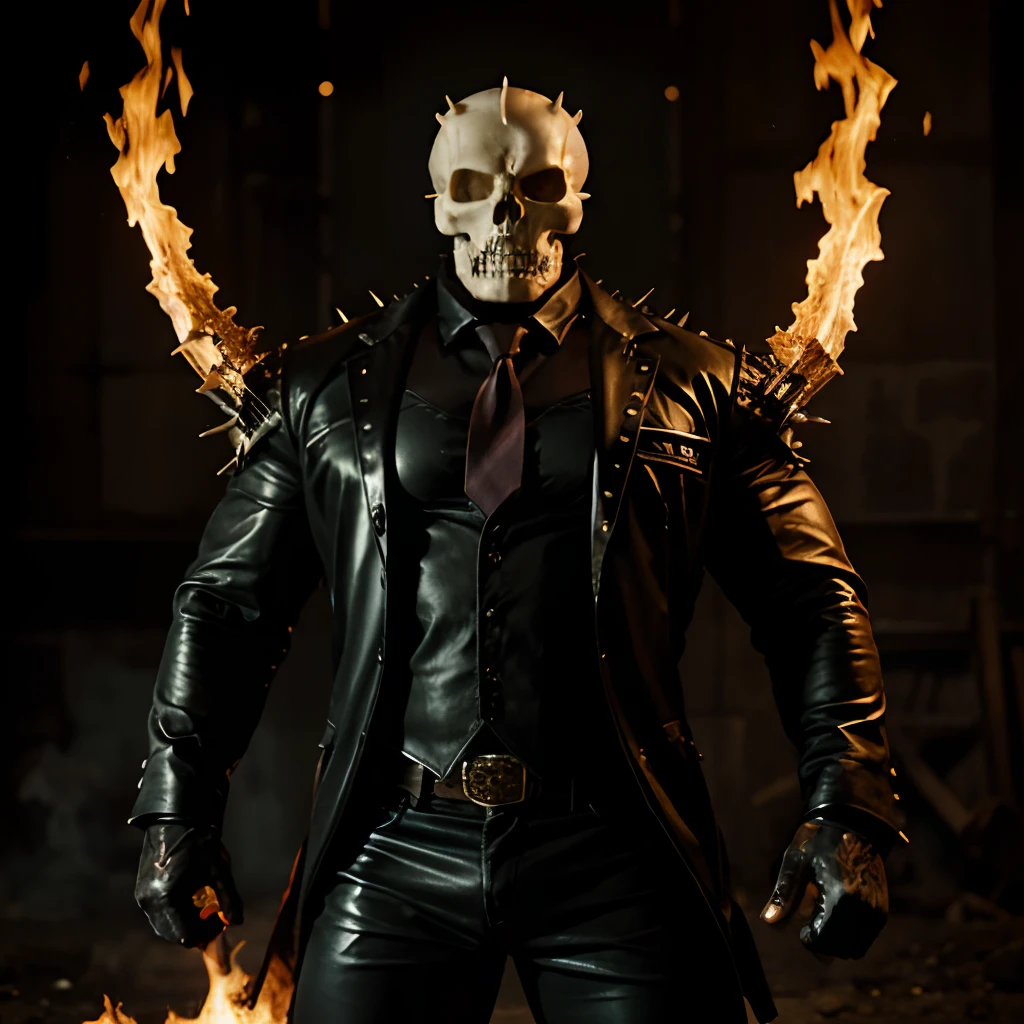 Ghost rider , muscled with huge pecs , hugge torso , huge arms , with a skull head like with fire , in suit with a tie ans spikes