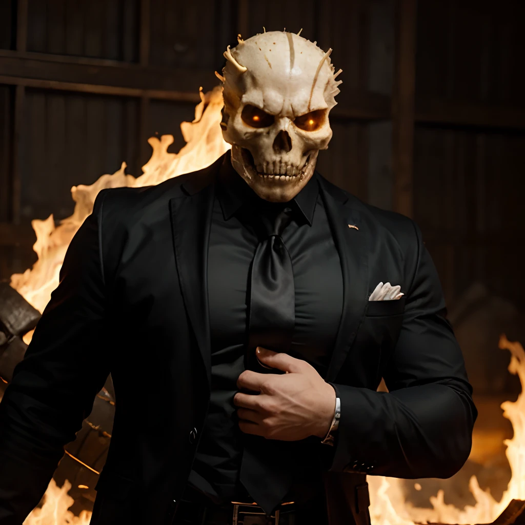 Ghost rider , muscled with huge pecs , hugge torso , huge arms , with a skull head like with fire , in suit with a tie ans spikes