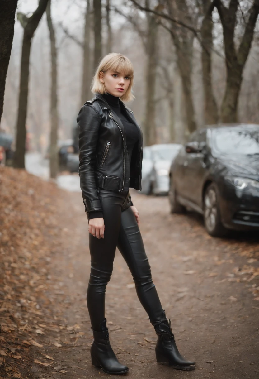 full body Realism, a 14 - year - old girl,  short blonde hair, big breast, bangs falling, face, light makeup, dressed in a blac leather jacket, dressed in black latex pant, high hels boots