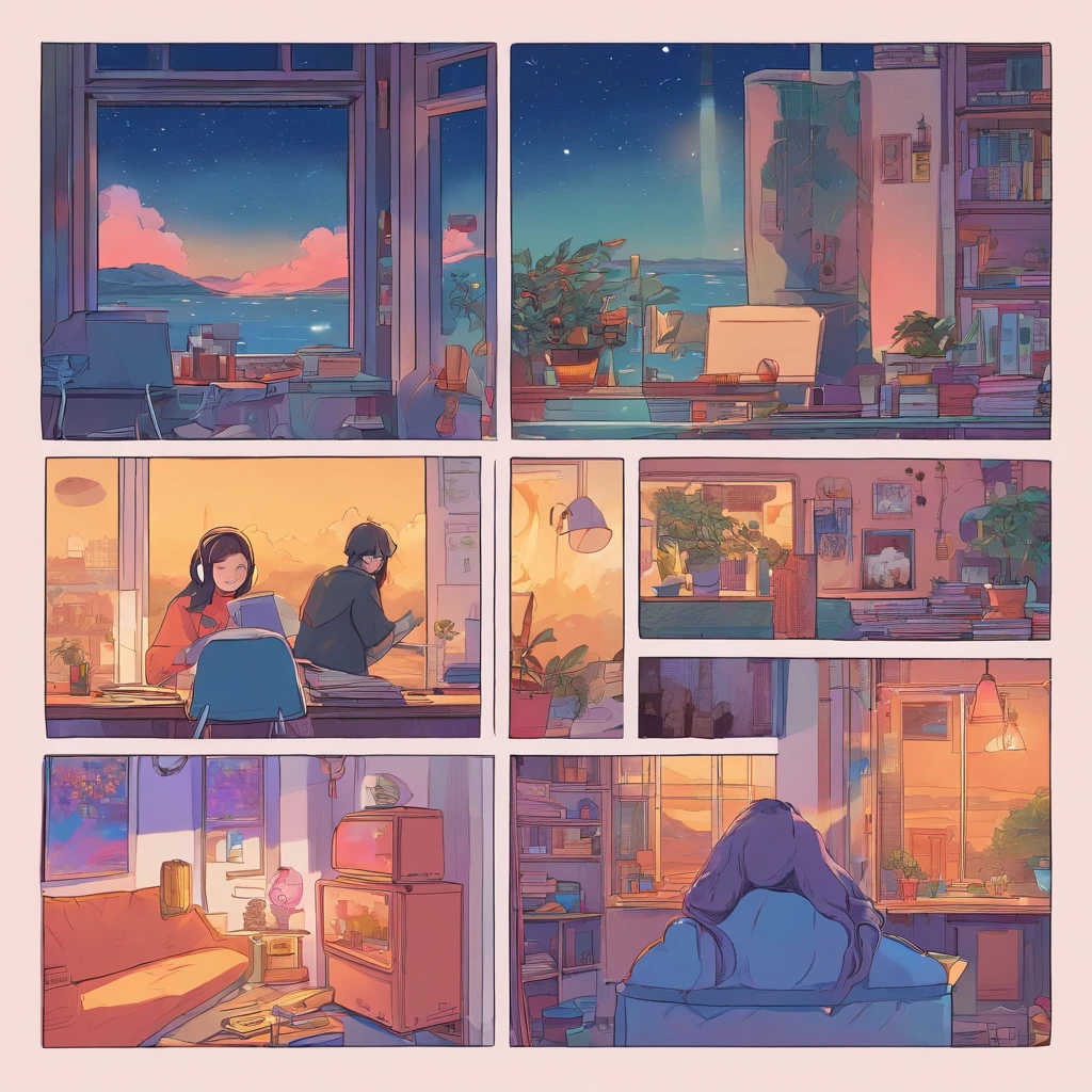 (lofi), (1boy), femboy studying hard at desk, sitting, profile, wearing a cropped black sweater, high waisted blue jeans, very big butt, slim waist, hourglass figure, blondish brown short hair, Put on the headphones, Night light, Neon landscape of rainy day from window,Analog Color Theme, Lo-Fi Hip Hop , Flat, 2.5D ,line-drawing, Ink drawing, Large gradients, watercolor paiting, Goosch color, Studio Ghibli style, Awesome colorful, Outturn, Synth Wave, lofi art,90s style,Old textures, amplitude,90s atmosphere, masutepiece, Huge skills