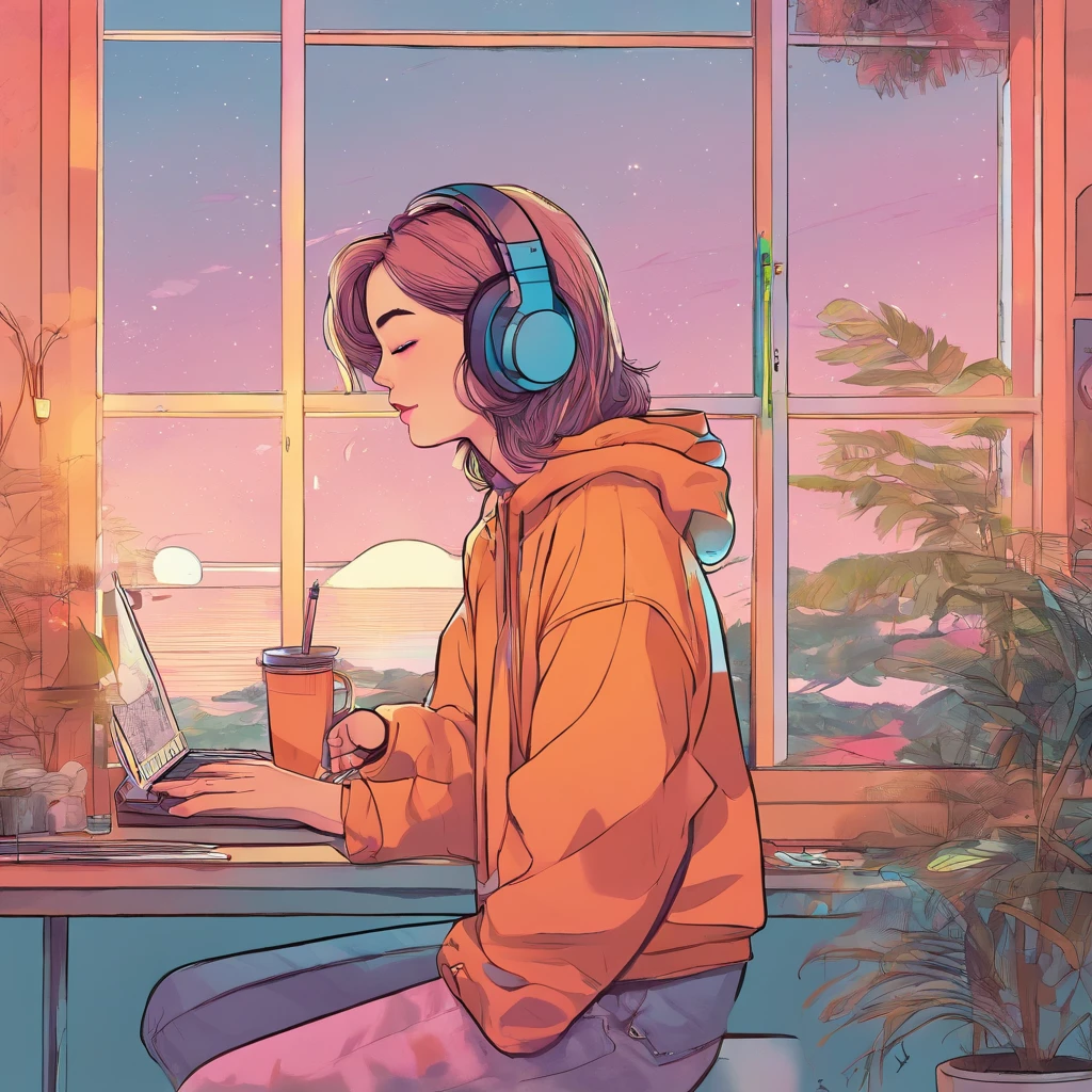 (lofi), (1boy), femboy studying hard at desk, sitting, profile, wearing a cropped black sweater, high waisted blue jeans, very big butt, slim waist, hourglass figure, blondish brown short hair, Put on the headphones, Night light, Neon landscape of rainy day from window,Analog Color Theme, Lo-Fi Hip Hop , Flat, 2.5D ,line-drawing, Ink drawing, Large gradients, watercolor paiting, Goosch color, Studio Ghibli style, Awesome colorful, Outturn, Synth Wave, lofi art,90s style,Old textures, amplitude,90s atmosphere, masutepiece, Huge skills