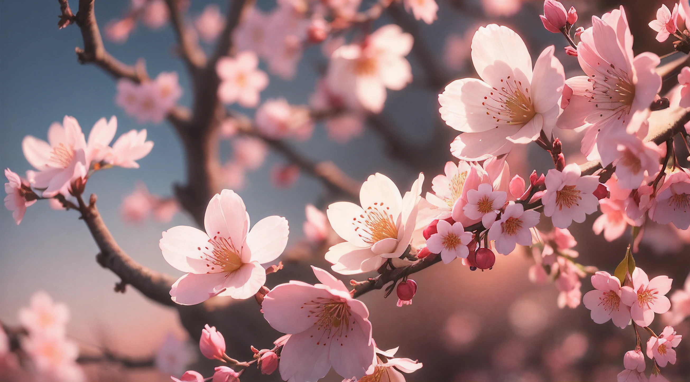 Creates a high-resolution image of a cherry blossom on a beautiful sunset afternoon, close up, ultra detailed, 8K, Sunshine Lights