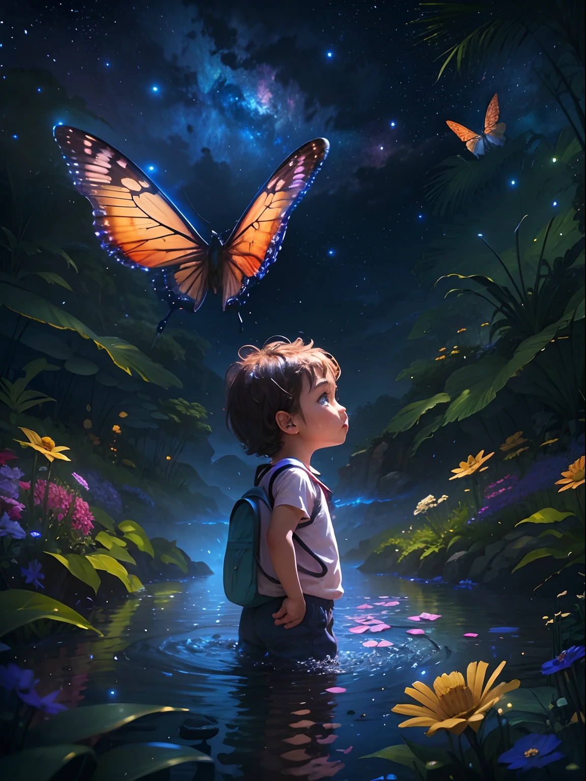 （（Mejor calidad））， （（tmasterpiece））， （Un detallado：1.4），Improved dynamic perspective，Selvas，Escena nocturna，Starrysky，（Oscuro：1.4），（（Adventurous baby standing in front of a supergiant butterfly，Las mariposas extienden sus enormes alas，brillando bajo la luz de la luna，A starry stream flowed before him）），Los cocodrilos flotan en el agua，（Mochila aventurera），（maleza），florales，（（（Ropa de aventurero））），Efectos de resplandor，Super-fino，Obras de maestros，Alta calidad，8 k resolution，Profundidad de campos，cinematography lighting，Epic shooting，Alta calidad，Super-fino，Old pubic detailed，preciso，cinematic lighting，