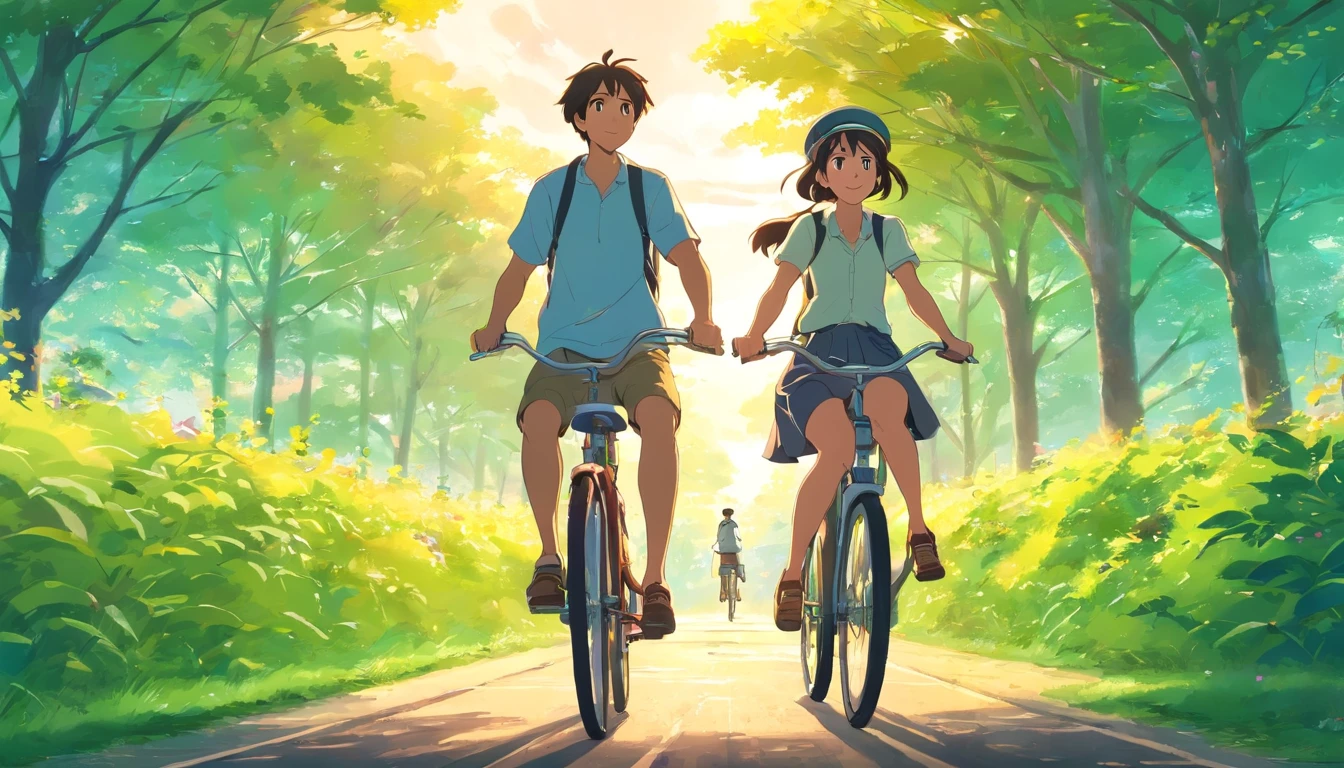 Happy man and woman, riding a bike, trees around, wearing hat, cloudy skies