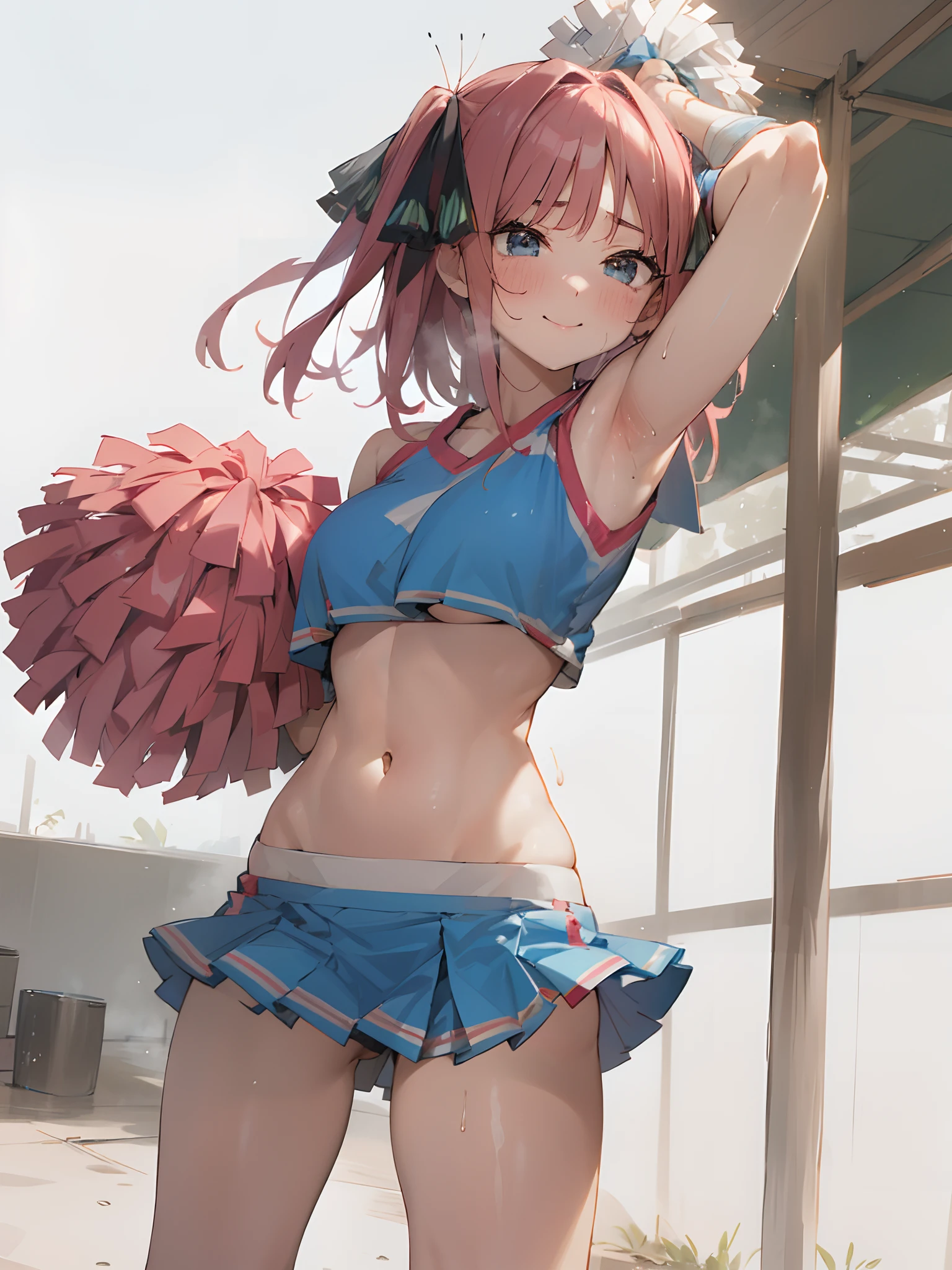 Medium tits、a navel、a miniskirt、Red Buruma、Raw feet、armpit、Beautiful thighs、is standing、outside of house、sports ground、red blush、A smile, cheerleaders、pompoms、Raising one leg、Pink medium hair、