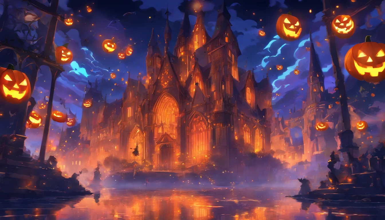 Halloween Floating Lights, Cinematographic light and reflection, glowing lights, Intermediate elements of the metaverse,digital painting, reflets brillants, Reflect, Halloween Jack-o'-lantern, Nuit calme, digital illustration, Belle ambiance, Skylights at night, Quiet atmosphere in the evening, Jack-o'-lantern, Halloween, La nuit, Thémon, The game scene, Halloween, Surrounded by clouds, Buildings in medieval Europe, Enamelled tiles, UE, Des couleurs magnifiqUEs, Il y a trois arches au premier plan((encre de couleur)), ( (Splash the ink ) ), ((Splash the ink) Inky})), tmasterpiece, High career, De beaux graphismes, high details,magnifiqUE, towers, church