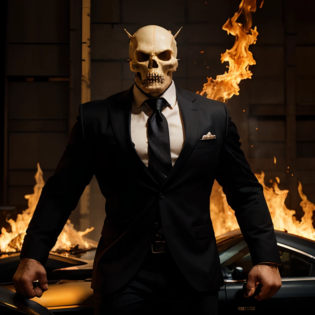 Ghost rider , muscled with huge pecs , hugge torso , huge arms , with a skull head like with fire , in suit with a tie ans spikes