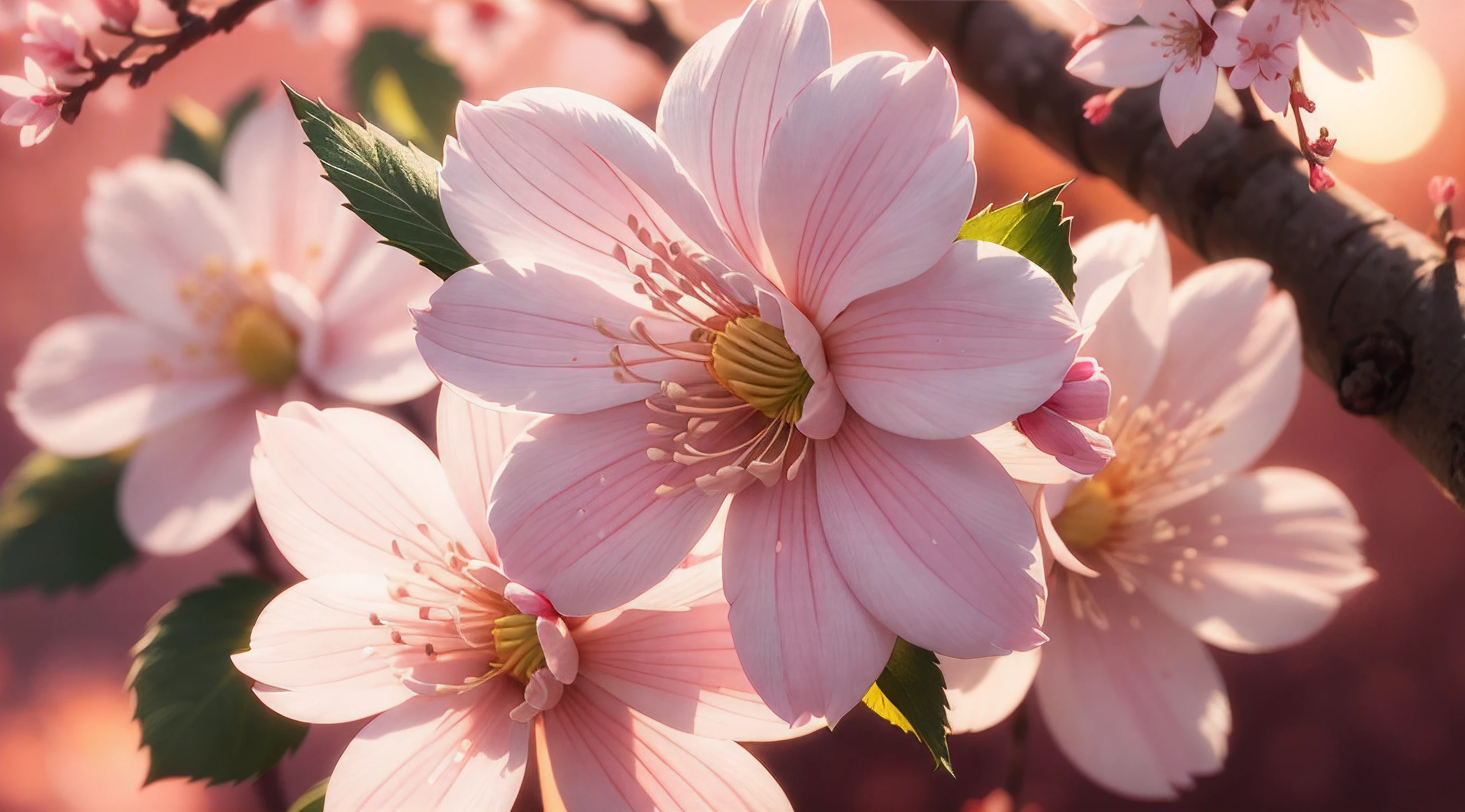Creates a high-resolution image of a cherry blossom on a beautiful sunset afternoon, close up, ultra detailed, 8K, Sunshine Lights