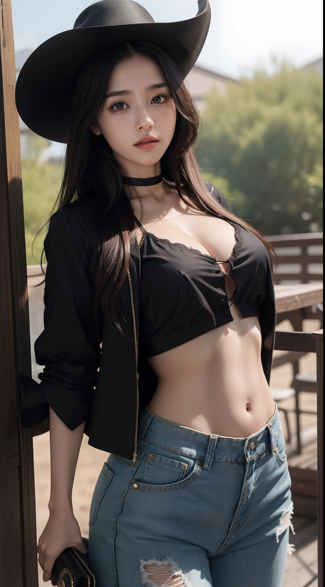 Masterpiece, Best quality, 超高分辨率, high detail photo,ultra HD,8K, Extremely detailed CG:1.2),(RAW photo,:1.3), (photograph realistic:1.4), 1girll , Young, Physically-based rendering, Cute, (finerly detailed face:1.4, Detailed clothes), (Detailed:1.4) Beautiful face, Depth of field, Add layer, hyper realistic, araffe woman in a cowboy hat and black shirt posing for a picture, cowgirl, western cowgirl, female cowgirl, western clothing, cowboy style, cow-girl, black stetson hat, wearing a sexy cropped top, cropped shirt with jacket, wearing a chocker and cute hat, her belly button is exposed, texas vibes, cowboy