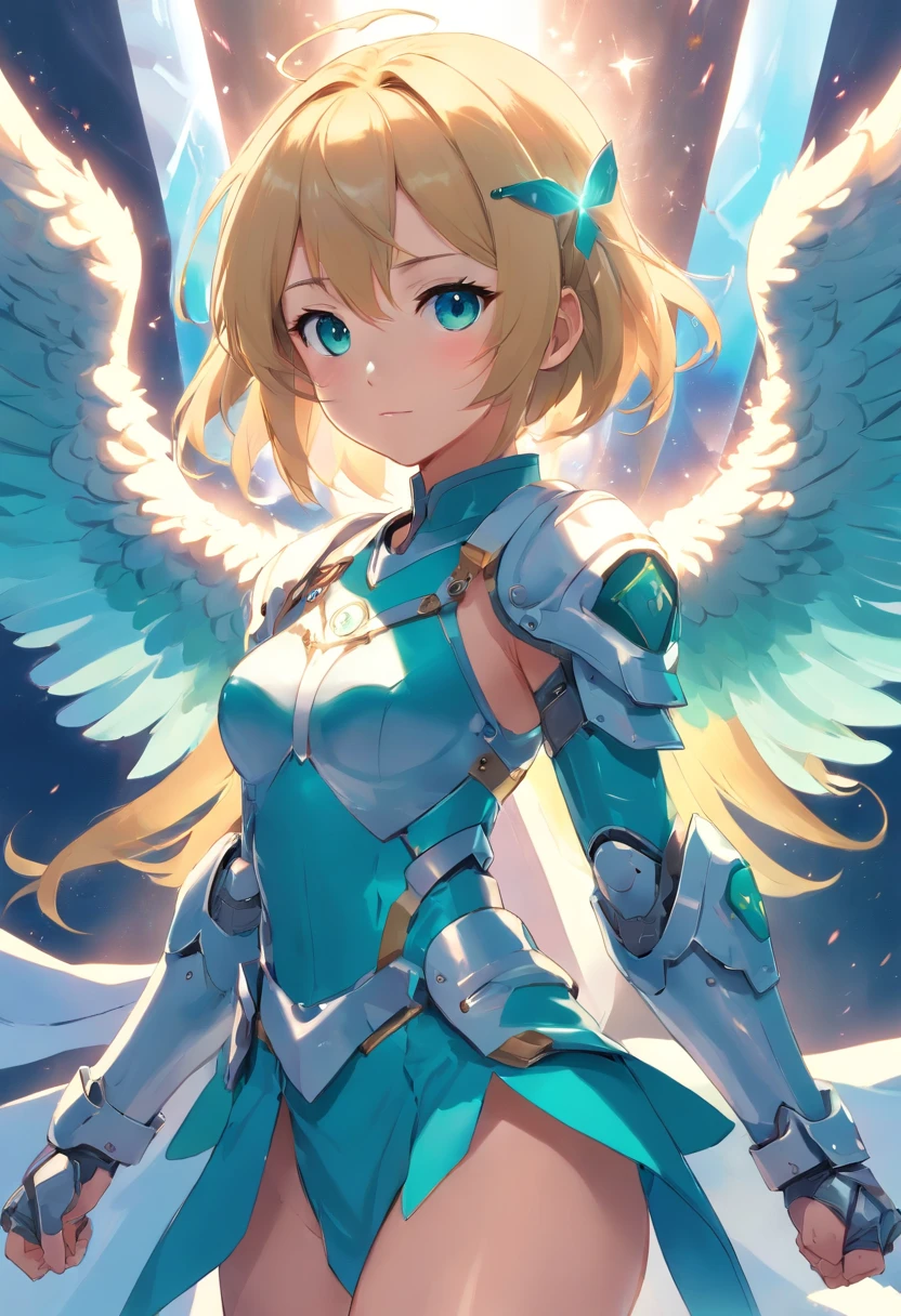 angelicales，teens girl，blond hairbl，Turquoise pupils，Six-winged angel，high and cold，big breasts beautiful，divino，Dignified，Royal Sister，with a round face，holding a large sword，Metal armor，chies