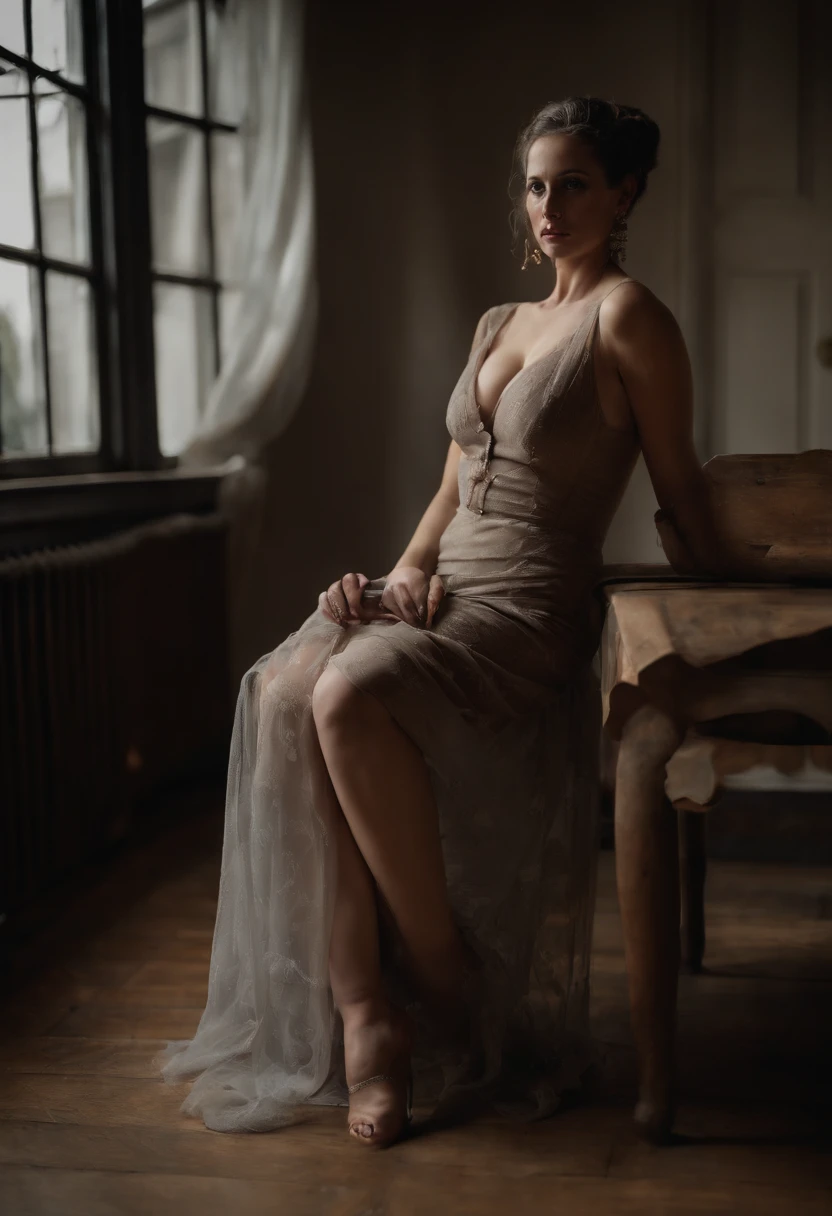 Beautiful woman dressed as a servant, ((dynamic pose))), leaning on a table, back shot, flat back, showing her ass, fallen pantyhose, long legs sveltes, (beautiful round tail), (narrow waist). NSFW, hayr, prolapse
