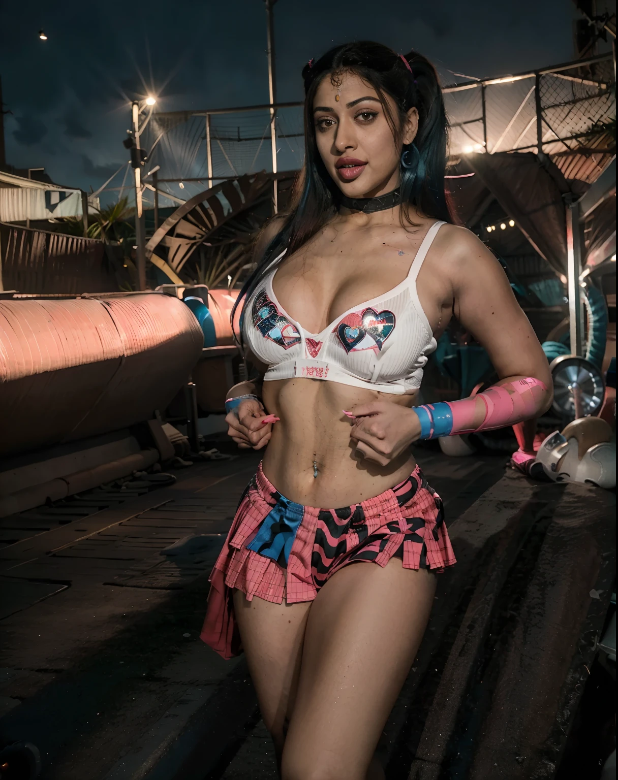 (Anu Emmanuel:1.3) , (Raw Photo:1) of (Ultra detailed:1.3) Harley Quinn from DC comics, dark pink and sky-blue hair, clowncore, dc comics, layered mesh, stripes and shapes, Wearing a white and black schoolgirl uniform, Indian street Background at night, collar with large Joker charm, holding a bowling pin, running/sprinting toward the camera,
