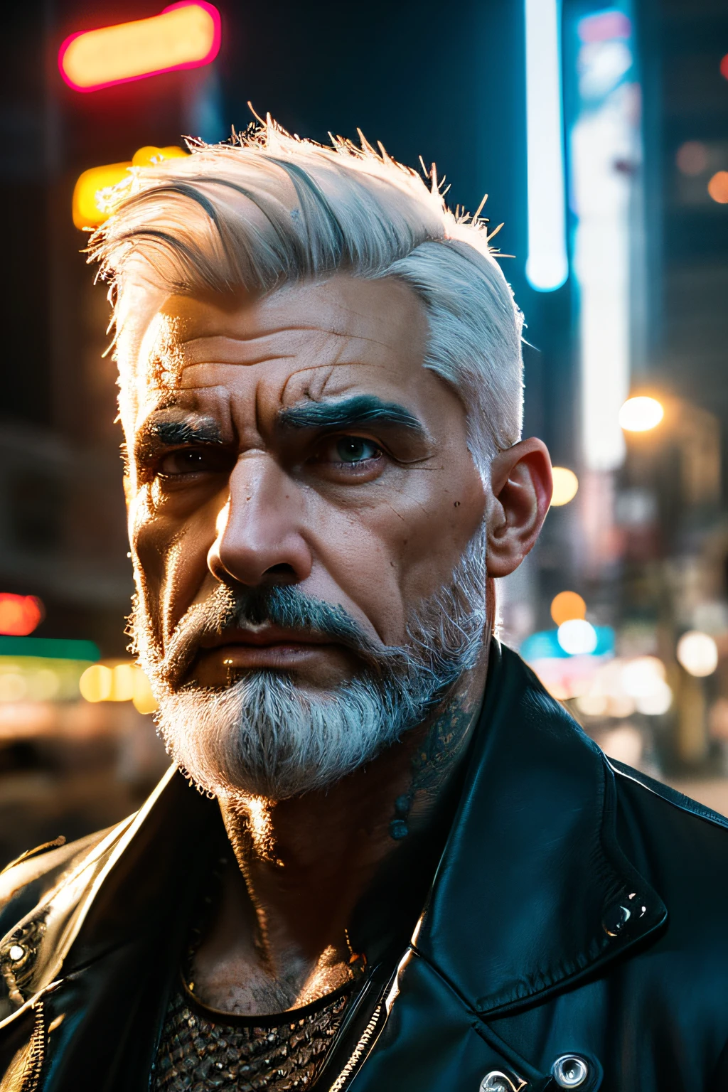 An Ultra HD vibrant color masterpiece capturing the emotions portrayed on the close-up of a man's face with white hair (best quality, 16k, ultra-detailed, highres, masterpiece:1.2). The emotions captured are intense and full of depth, with the man's eyes reflecting a hint of sadness and wisdom. His eyebrows are well-groomed, adding a touch of sophistication to his appearance. The intricate details of his eyes, such as the deep set wrinkles and perfectly trimmed white beard, highlight his maturity and experience. The man wears a jacket inspired by Cyberpunk 2077, showcasing the futuristic dystopian environment of the game. The jacket features elements unique to the Cyberpunk 2077 city, such as neon lights and futuristic architecture, creating a visually striking and immersive scene. The color palette of the image is characterized by vibrant and bold hues, enhancing the overall futuristic atmosphere. The lighting in the artwork is carefully designed to create dramatic shadows and highlights, emphasizing the man's facial features and giving the artwork a sense of depth and realism.