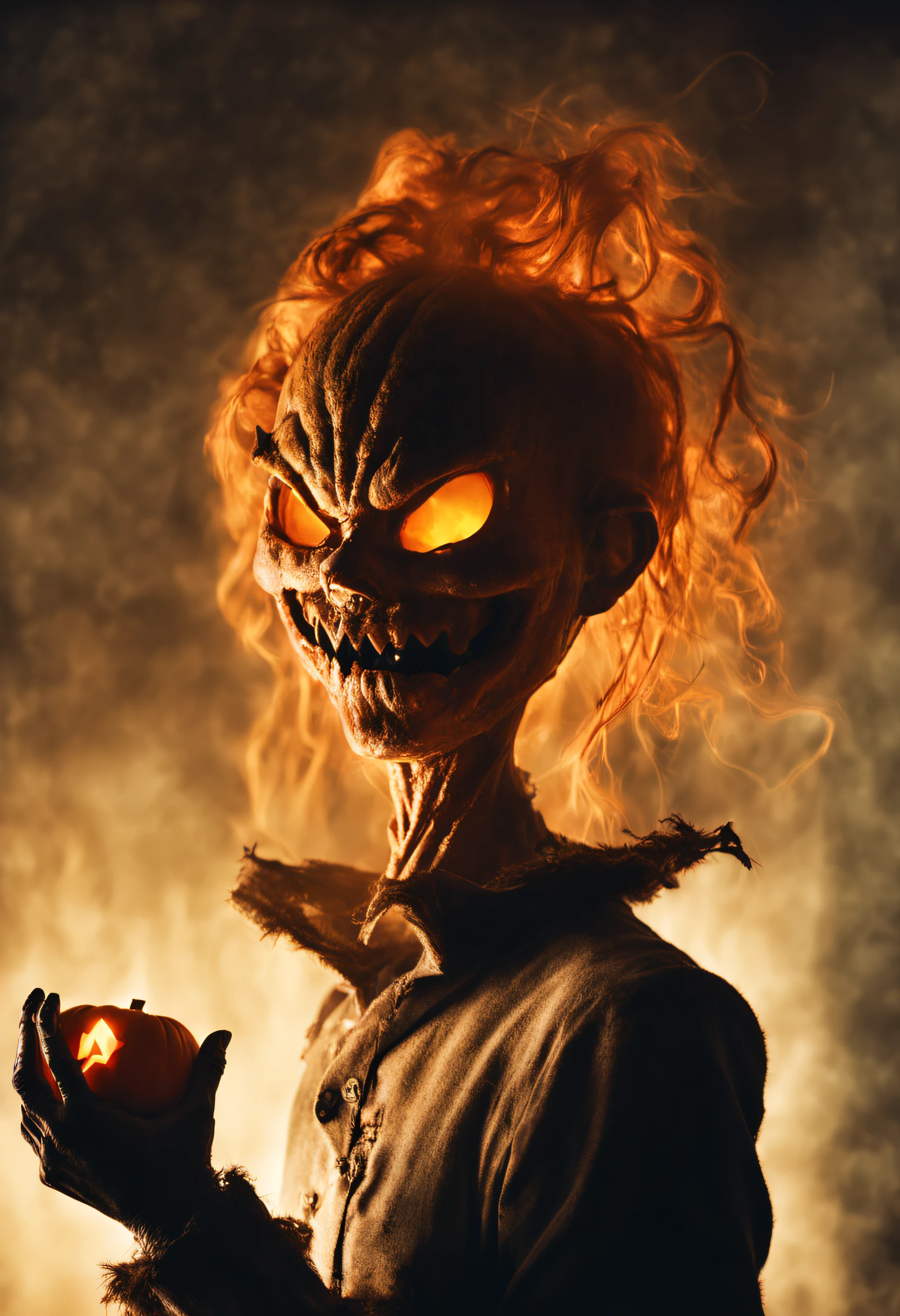 IMAGE_TYPE: Photo GENRE: Horror DESCRIPTION: A hair-raising photo captures the horrifying presence of a terrifying anthropomorphic Jack-o'-lantern in the pale light of early morning. The image exudes a sense of impending horror as the creature's malevolent grin and fiery eyes stand out in the dawn's faint illumination. It's a spine-chilling portrayal that subverts the tranquility of morning.