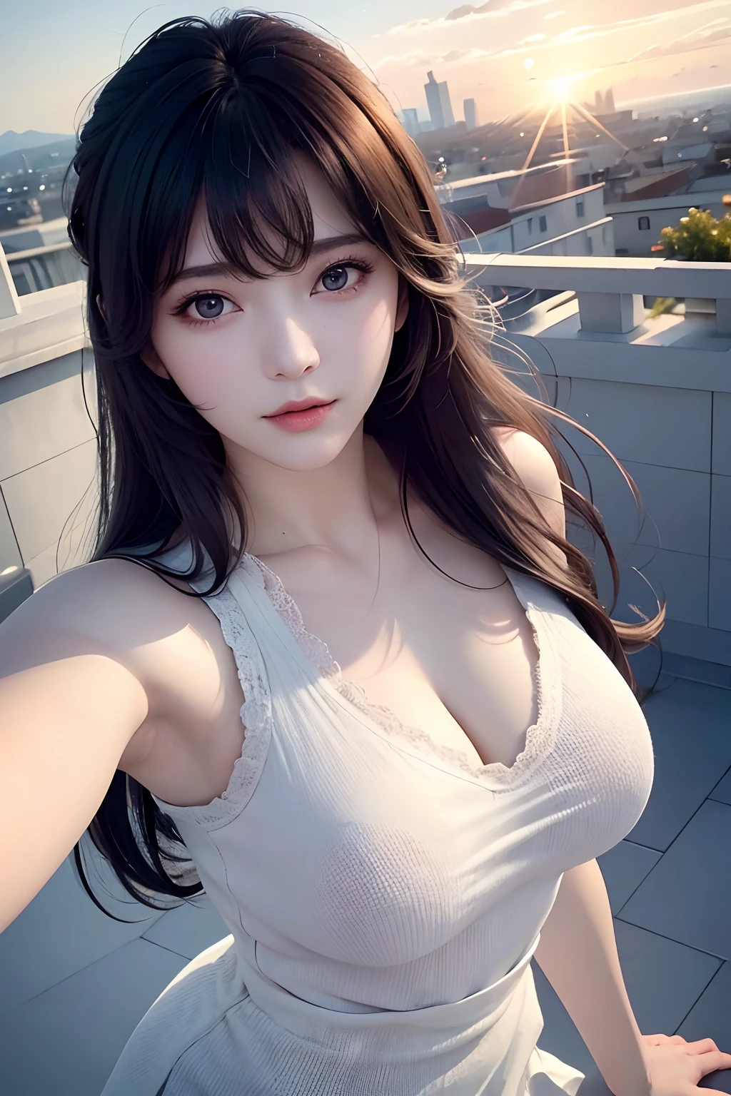 (Solo:1.3)), 1girl in, Best Quality, Realistic, Photorealistic, Best Quality, masutepiece, Very delicate and beautiful, Very detailed, (Selfie:1.2), Fine detail, Ultra Detail, High Definition, Very detailed, Realistic, Ultra high definition, Best Quality, Ultra high definition, (Real:1.4), high quality texture, wearing white and thin summer knitwear,, On the rooftop, Bangs, Long hair , Afternoon light, Magnificent sky and clouds