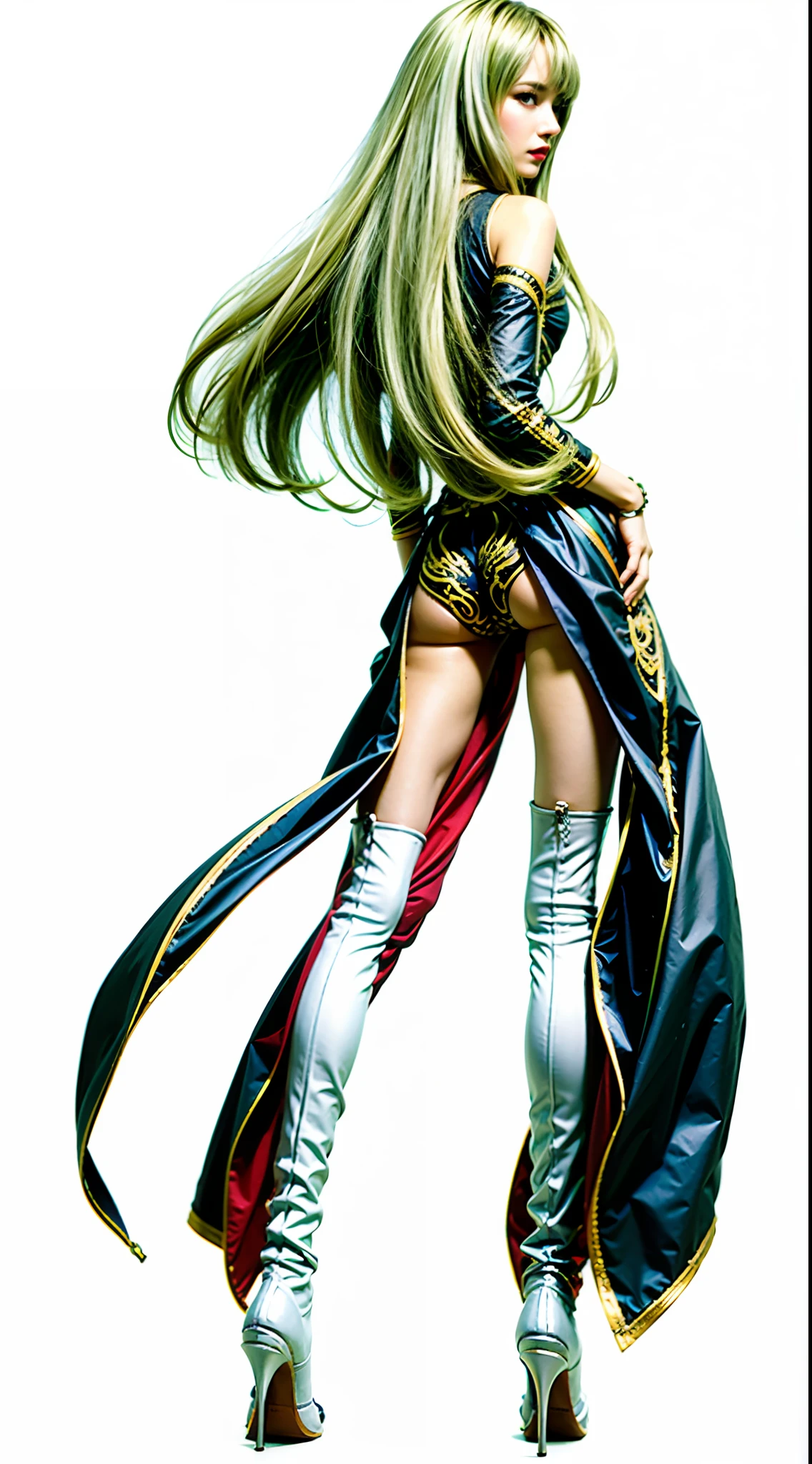 personagem feminina de costas, cabelo verde, traje preto com mangas longas detalhes dourado e interior vermelho, Arms behind white shorts, bota longa branca