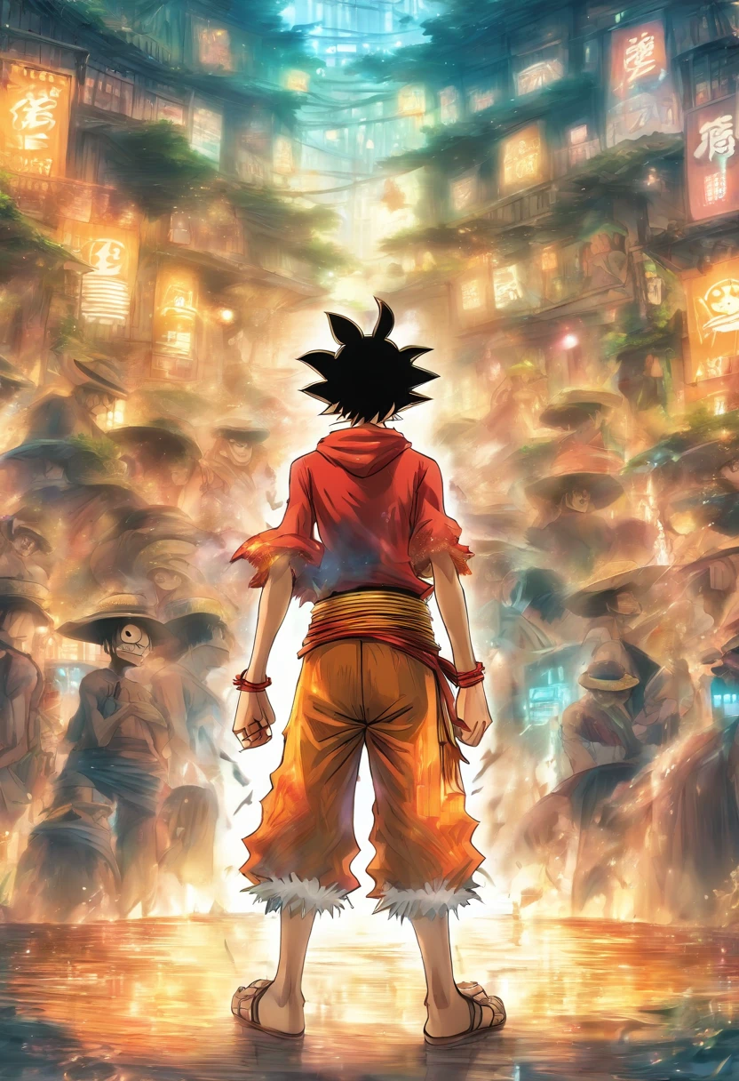 Monkey D Luffy in anime in the middle with his back turned against the viewer he has expressions and poses of confusion and despair he is being surrounded by many invisible screens he is wearing a hoodie it’s a cyberpunk environment the background is white the male, straw-hat in his back