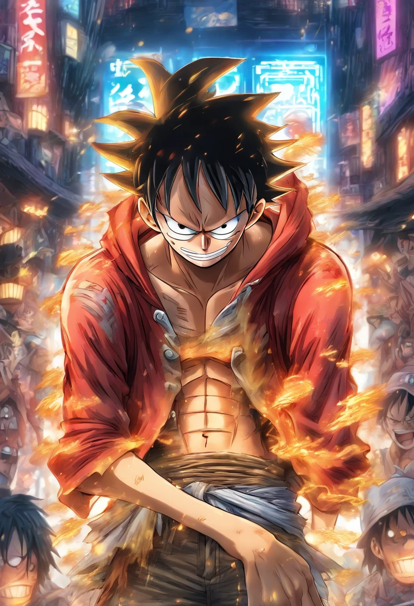 Monkey D Luffy in anime in the middle with his back turned against the viewer he has expressions and poses of confusion and despair he is being surrounded by many invisible screens he is wearing a hoodie it’s a cyberpunk environment the background is white the male, straw-hat in his back