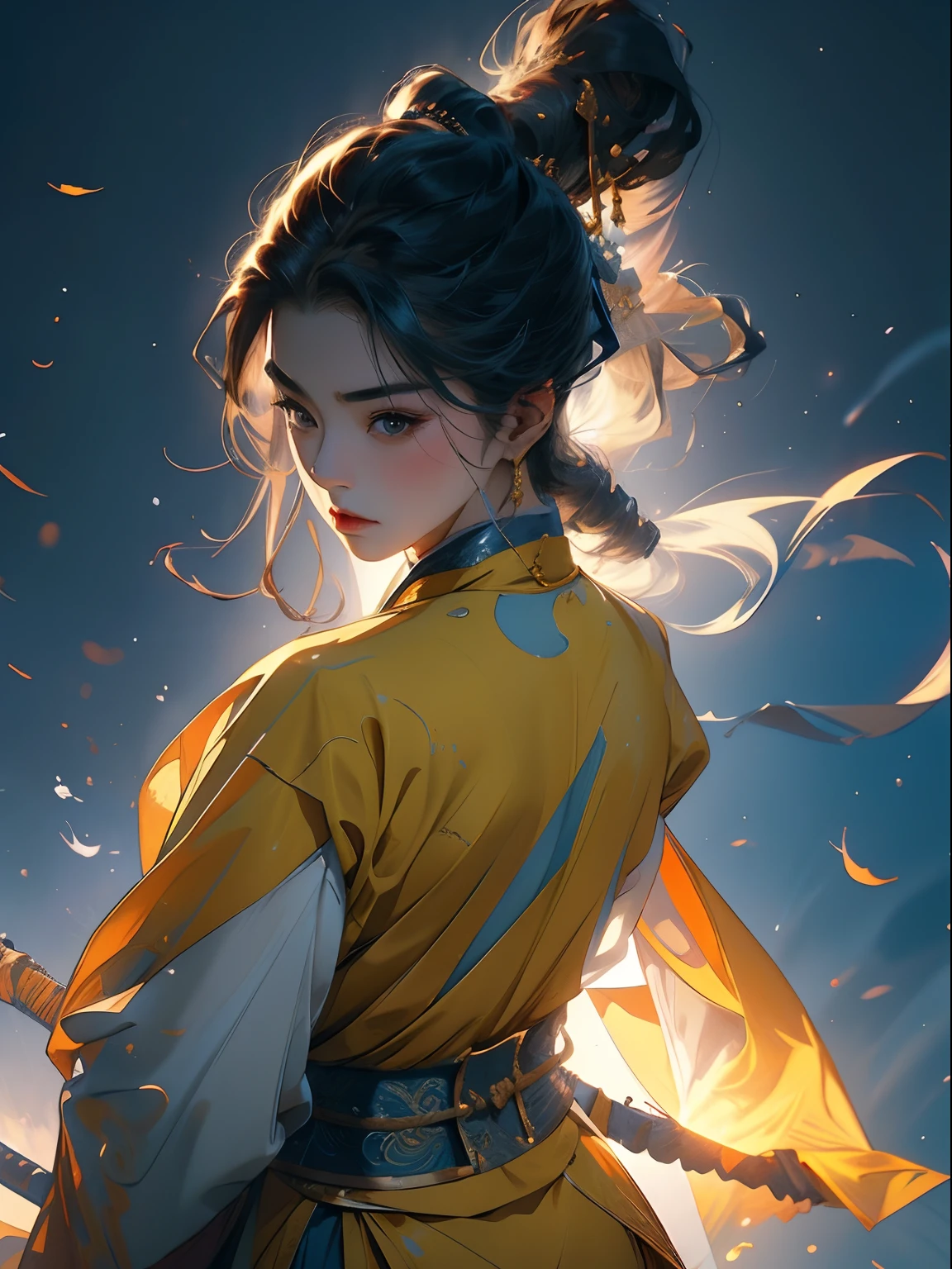A woman who is,The head of martial arts,Upper body portrait,body facing right,Yellow main color picture,hair flowing,Beautiful and lively,Ultra-clear image quality,8K,Wuxia style costume,Yellow mountain in the background