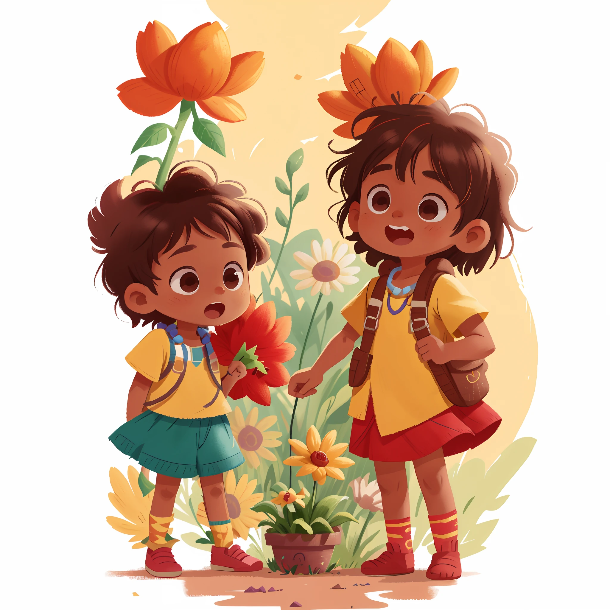 A brown-skinned Aboriginal girl holds flowers,And an Aboriginal little boy,A garland is hung around his neck,cheerfulness,Rejoice,Perfect quality,Clear focus(Clutter - home:0.8), (tmasterpiece:1.2) (realisticlying:1.2) (Bokeh) (best qualtiy) (detailedskin:1.3) (complexdetails) (8K) (detailedeyes) (Sharp focus),(having fun)