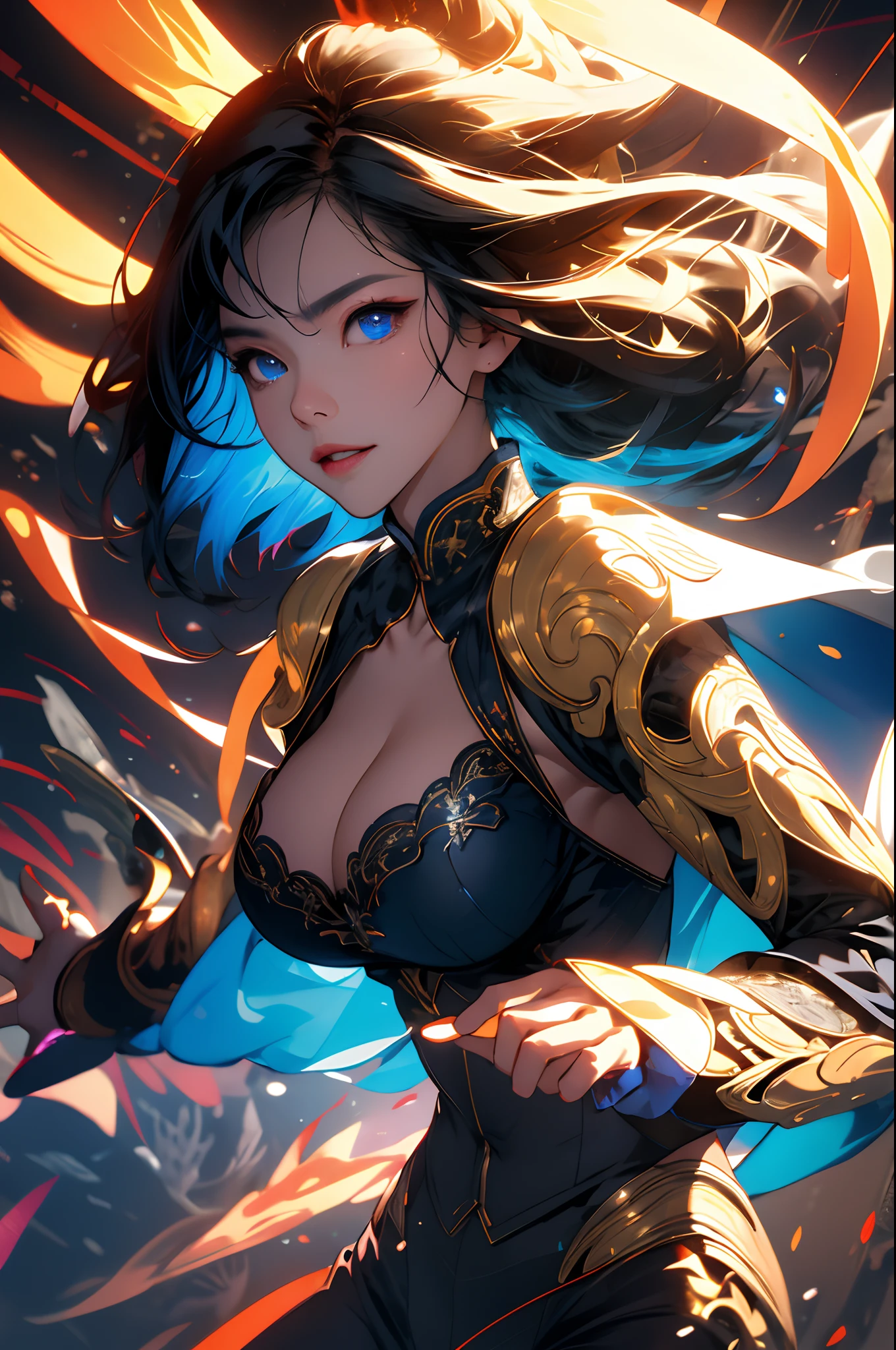 hoang lap, A high resolution, ultra - detailed, 1girl, 独奏, Extremely detailed eyes, lightpainting, (Long exposure:1.2), dynamic streaks, Luminous trajectory, vivd colour, Smooth movement, Charming Patterns, Creative experimentation, (Most detailed), (cowboy lens:1.2), dynamicposes,(gigantic cleavage breasts:1.2)