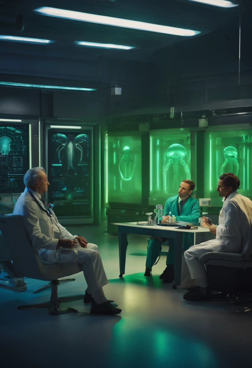 Aliens and doctors sit face to face,The background is in the laboratory,