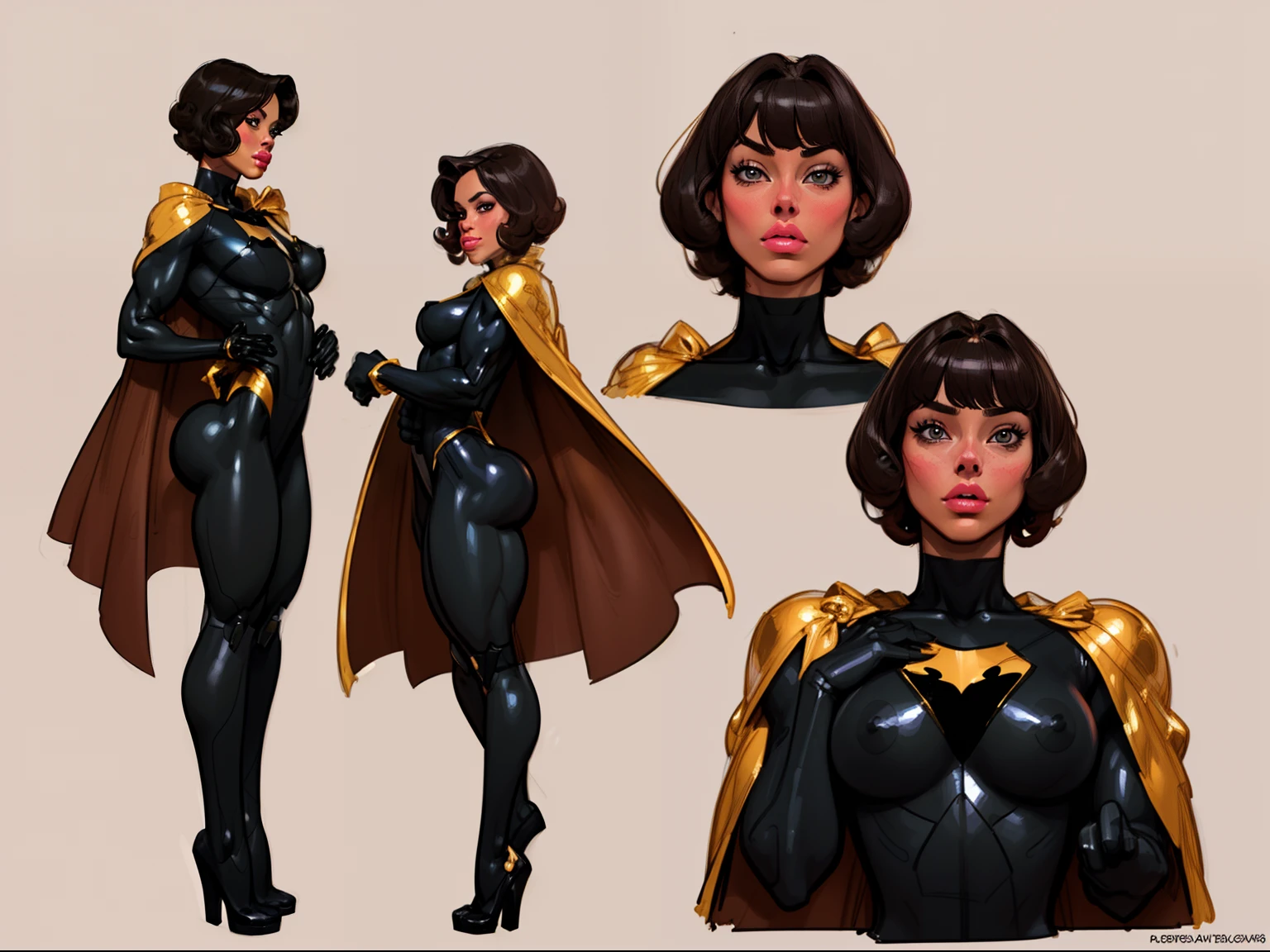 ((masterpiece)),(((best quality))),((character design sheet)), ((full body view)) illustration,1girl, muscular, ((black bodysuit:1.7)), superhero, (short curly red hair:1.5), (white cape:1.5) ((detailed face:1.4)) beautiful woman, (short curly hair:1.6) (small head:1.2), (flat breasts:1.3), (purple thigh highs:1.3), shiny skin, (gold logo on chest:1.4),scribbles and marks, (puffy lips:1.5), (full lips:1.4) (wide hips:1.3), big lips, detailed lips, (gold gloves:1.2) rough sketches, pose, 8k,16k, (simple background, white background: 1.3)