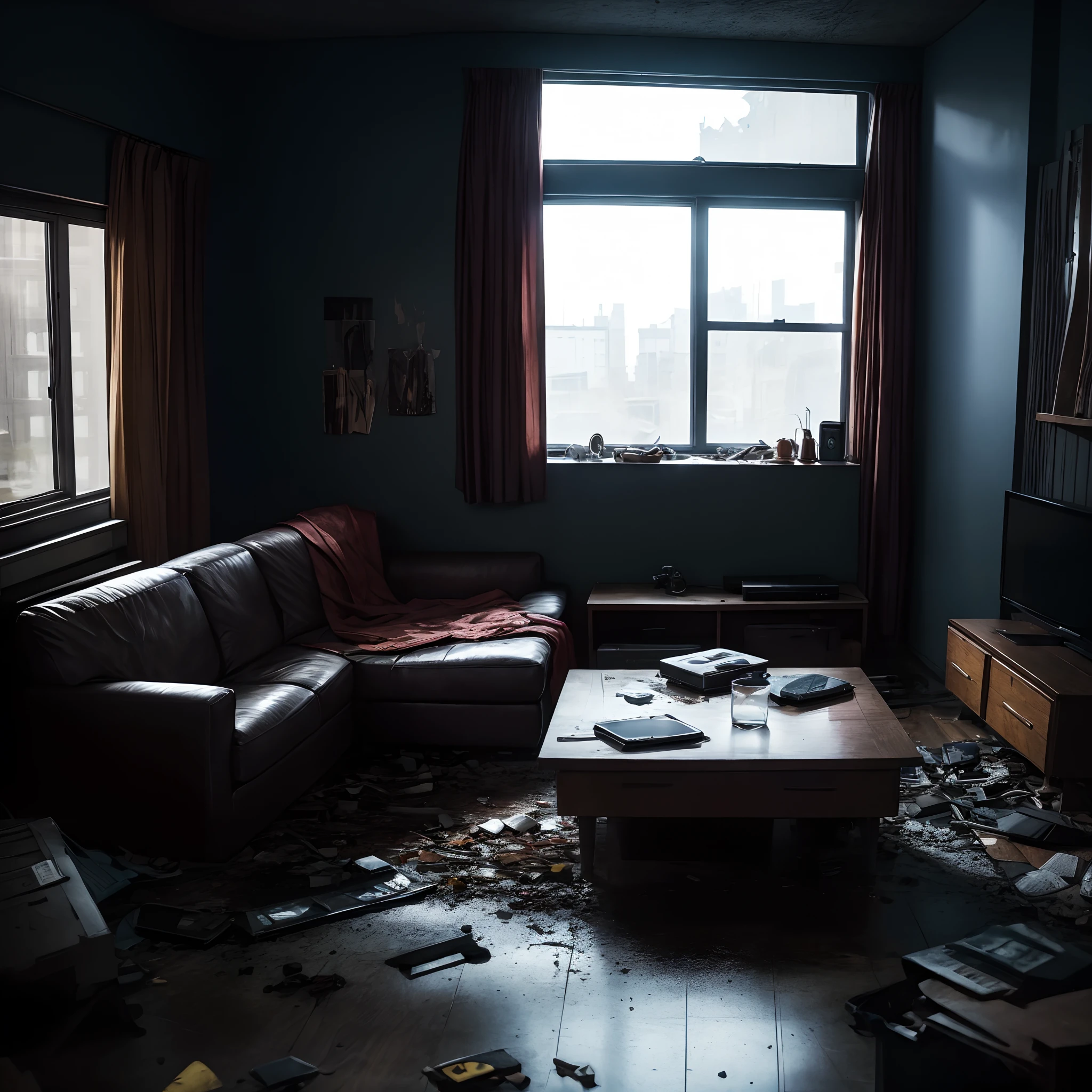 destroyed dark living room, old tv on the floor, 1 Dobermann dog sitting on the sofa, watching tv, all objects appear side view