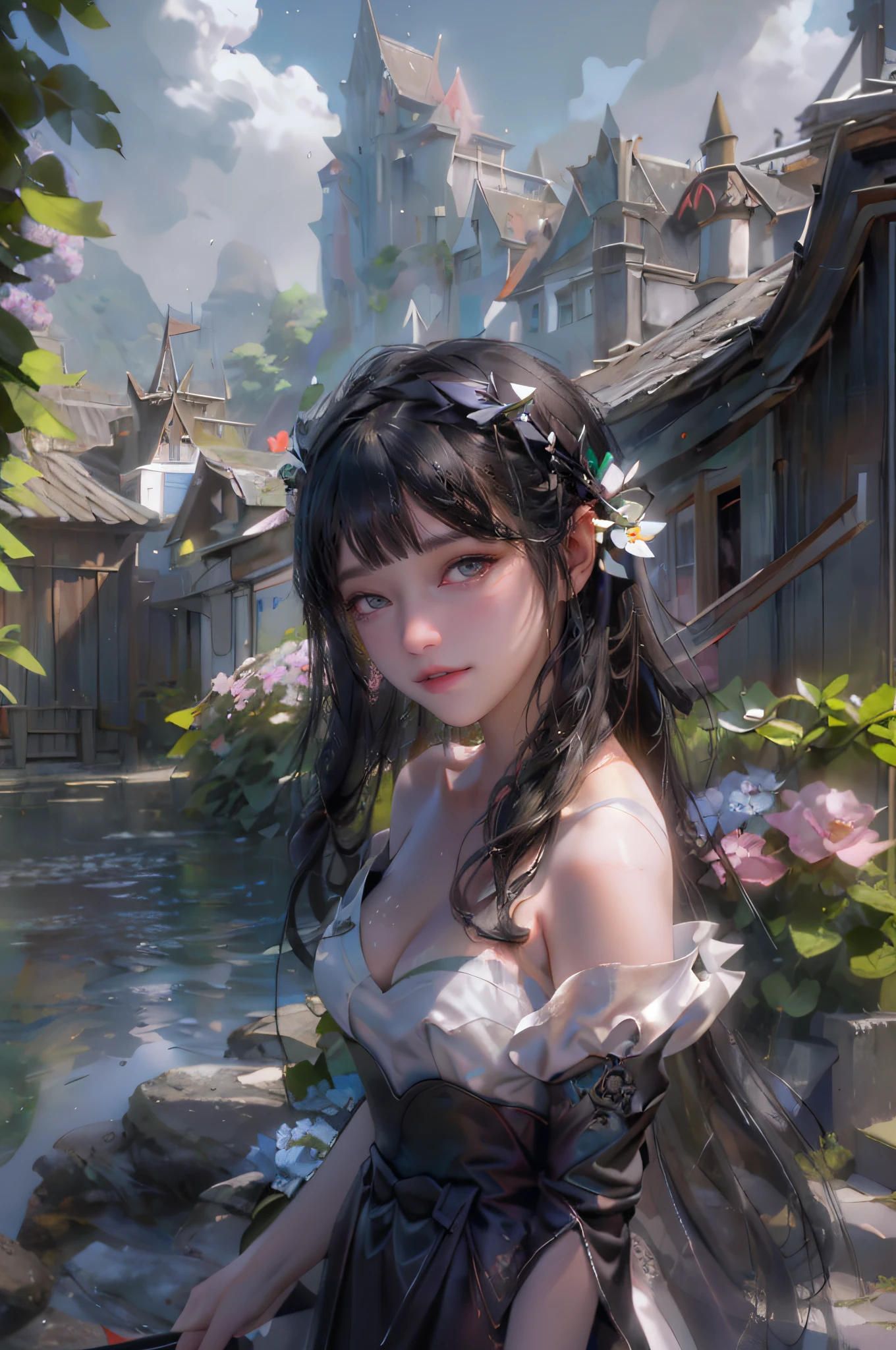 primitive, cinema shot, (Sharp focus:1.5), (Photorealistic:1.4), twilight lighting, voluminetric lighting, 超高分辨率, 16k,Dramatic lighting, 1girll, Solo, Long hair, violin, instrument, Black eyes, dress, White dress, White hair, view the viewer, Light particles, Closed mouth, Indoors, jewelry, Sleeveless, Bare shoulders, bangs, Head tilt, black roses, Beautiful detailed eyes, Detailed background, zori, Cloud, flower, sky, scenery, day, Grass, Outdoors, Blue_sky, Field, Cloudy_sky, horizon, hydrangea, water, Ocean, Mountain, Blue_flower, flower_Field, Bird, Black bow on the head, Green Sands, violin, harp, sole, Foot focus, violin,
