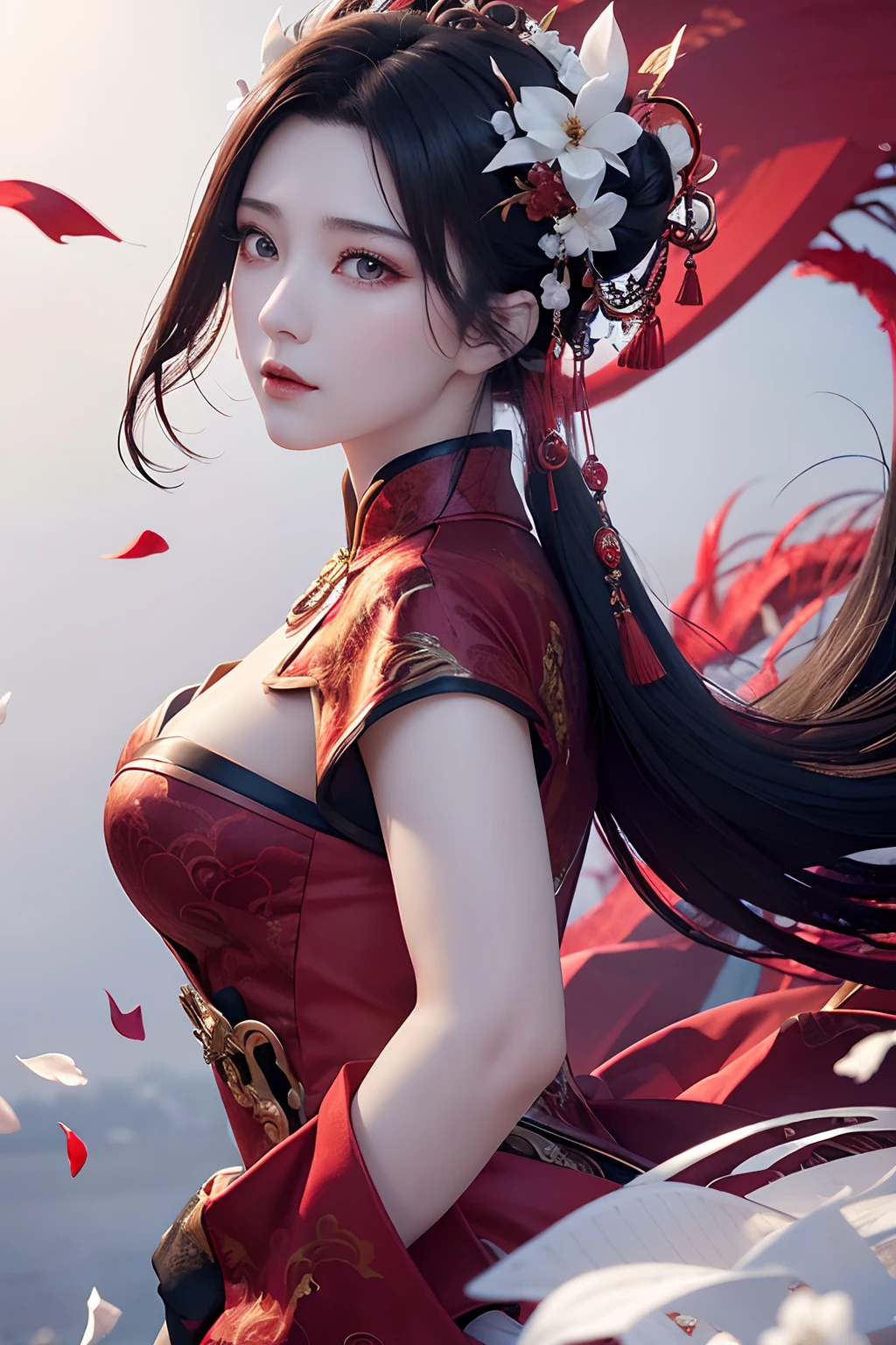 (Divine Beast), Nine-Tailed Demon Fox, Dynamic Body Type, (Chinese monster), Handsome, splashed ink, Chinese, 1girl in, ((Full body), ((2.5D)), Floating hair, Beautiful eyes, Delicate eyes, Delicate silhouette, Fantasy Art, (Black and Red Antique Brocade Humph), FOV, (masutepiece), Frontal shot, side portrait, White background, (Cinematic poster), sharp, Splash, cloud, flower petals, empty, skyporn, (wide-angle lens), Vista