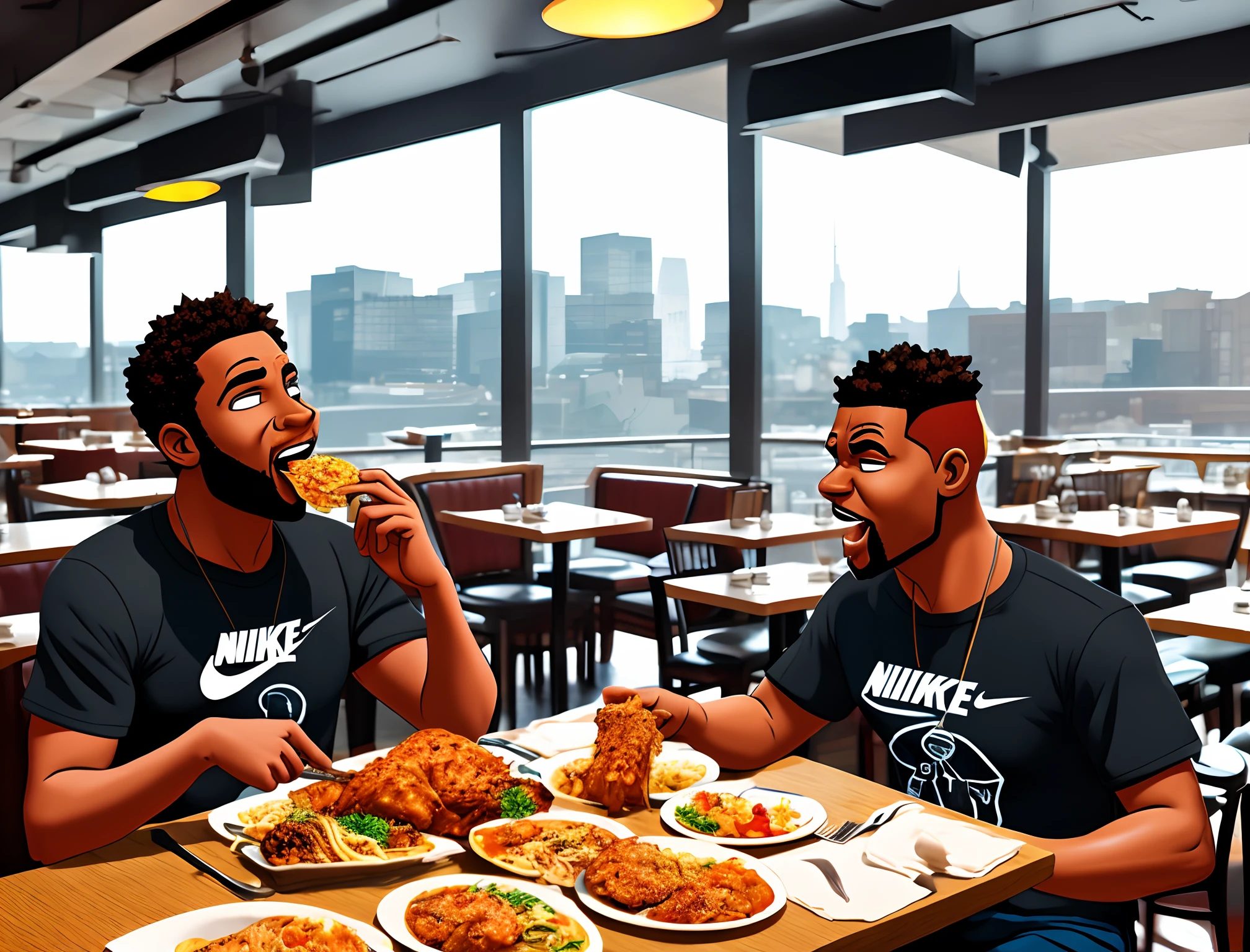 Cartoon character in a restaurant drooling eating soul food with the sun shining down on him with his Nike tech and a large sprite