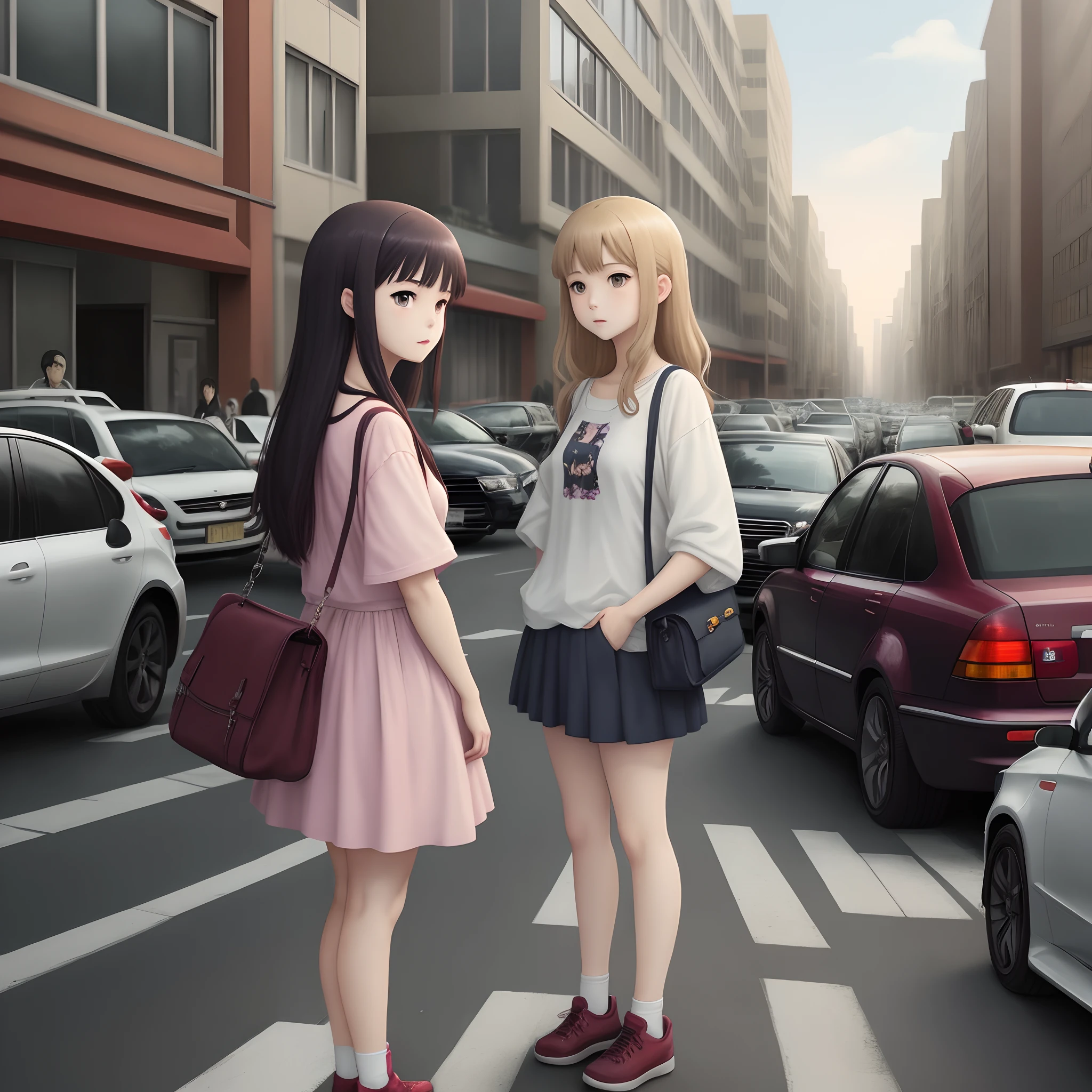 A girl in standing in traffic, there are a lot of cars around, anime style