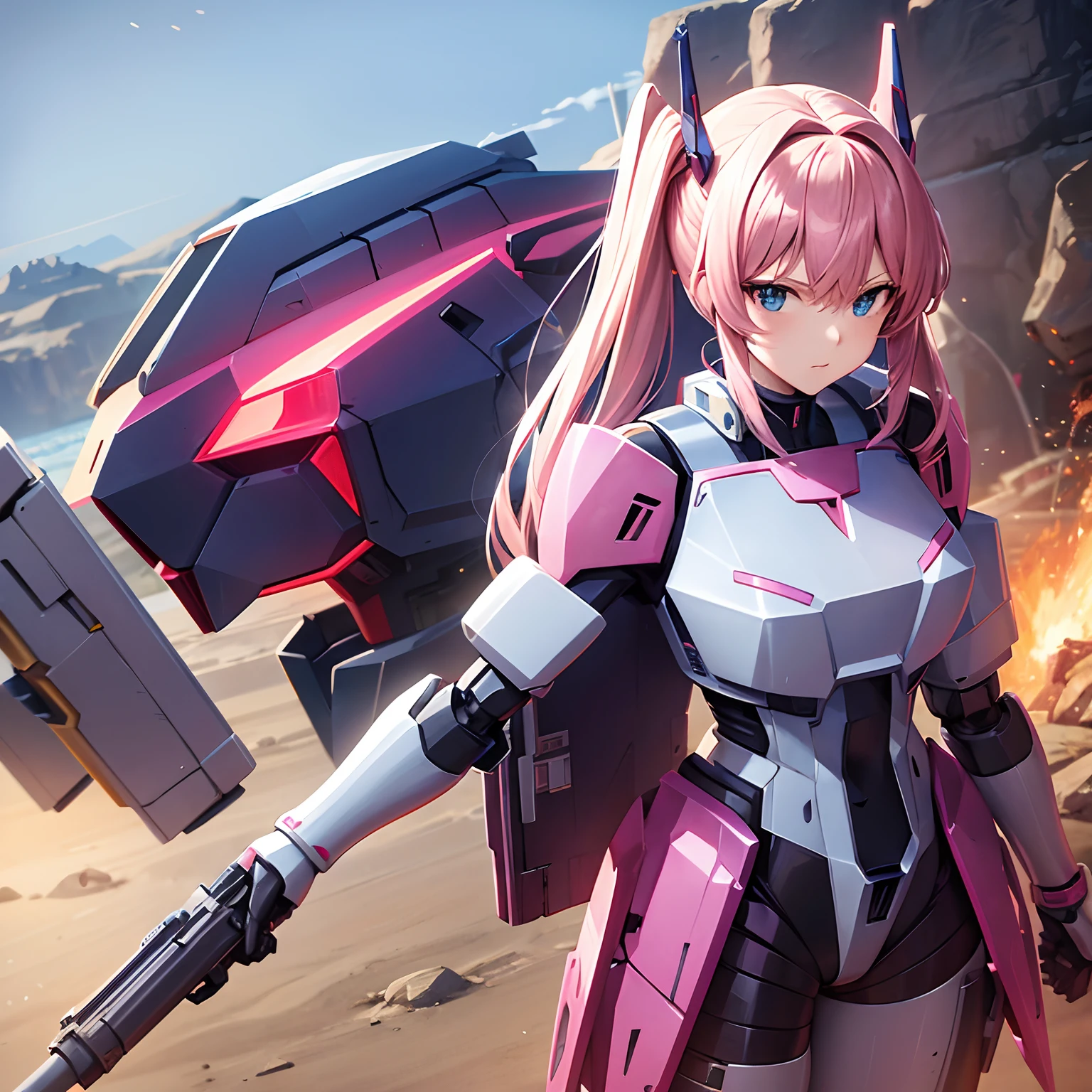Drawings of robots with guns and guns, Streamlined pink armor, modern mecha anime, cool mecha style, female mecha, Gundam armor, Mobile Suit, anime mech armor, # Mecha, arasaka mech, eva unit-00 in the back, Anime manga robot!! Anime girl, anime large mecha robot, gundam style