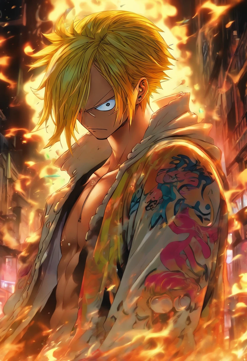 1man, minimalism, Vinsmoke Sanji, Eiichirō Oda, simple, vector, bodybuilder, city from background, scar across eye)) smoking