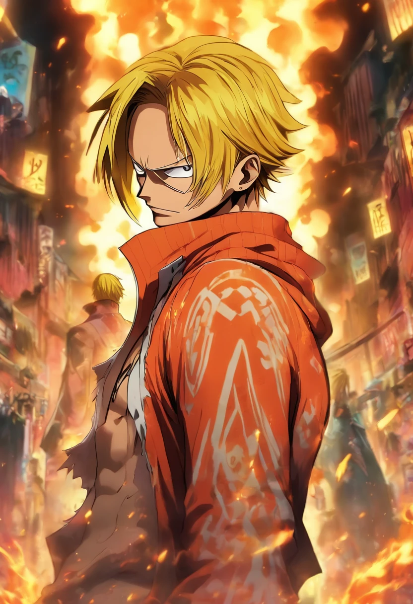 Vinsmoke Sanji in anime one piece in the middle with his back turned against the viewer he has expressions and poses of confusion and despair he is being surrounded by many invisible screens he is wearing a hoodie it’s a cyberpunk environment the background is white the male, smoking cigarette.