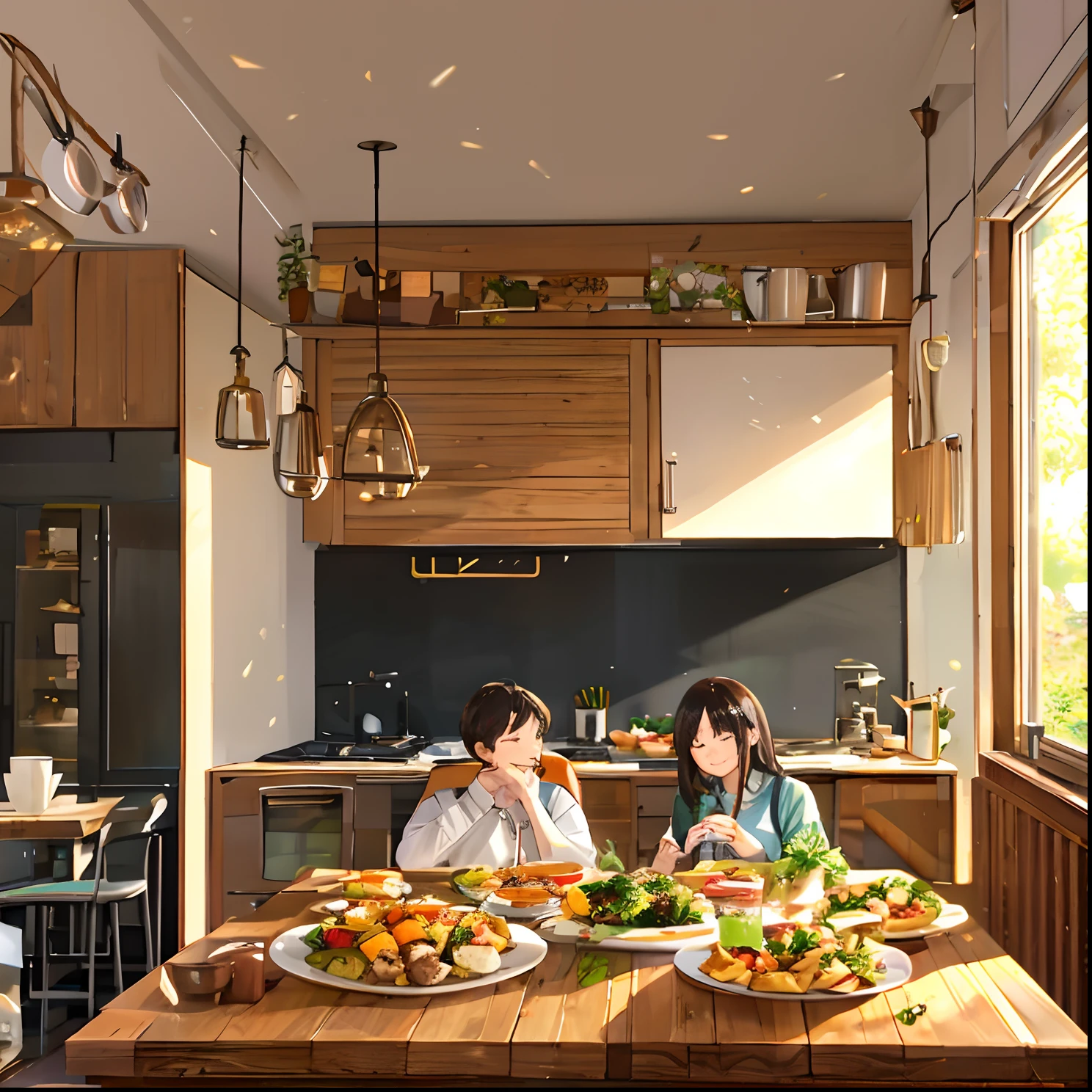 A couple eating good food, happy, kitchen, big windows, sunlight