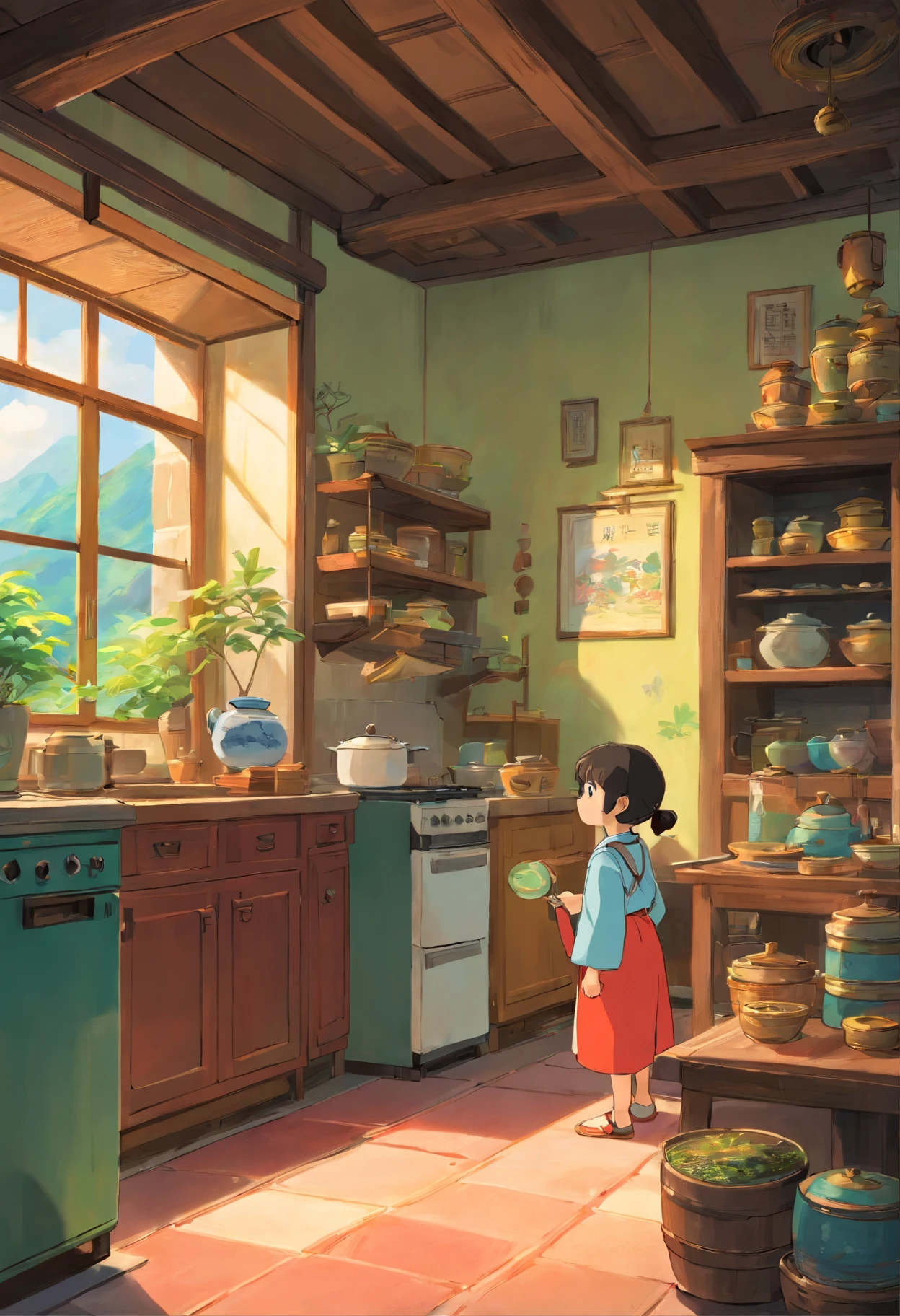 Two children followed the Zhuang uncle into a special house，Inside all kinds of living kitchenware，Rice tanks for sake，A fresh fragrance wafts out
（A little boy, Bob,A girl Xiaowei ，The Zhuang uncle is about 30 years old and appears in the picture，Cheerful atmosphere in the room，There are windows，View from the window）