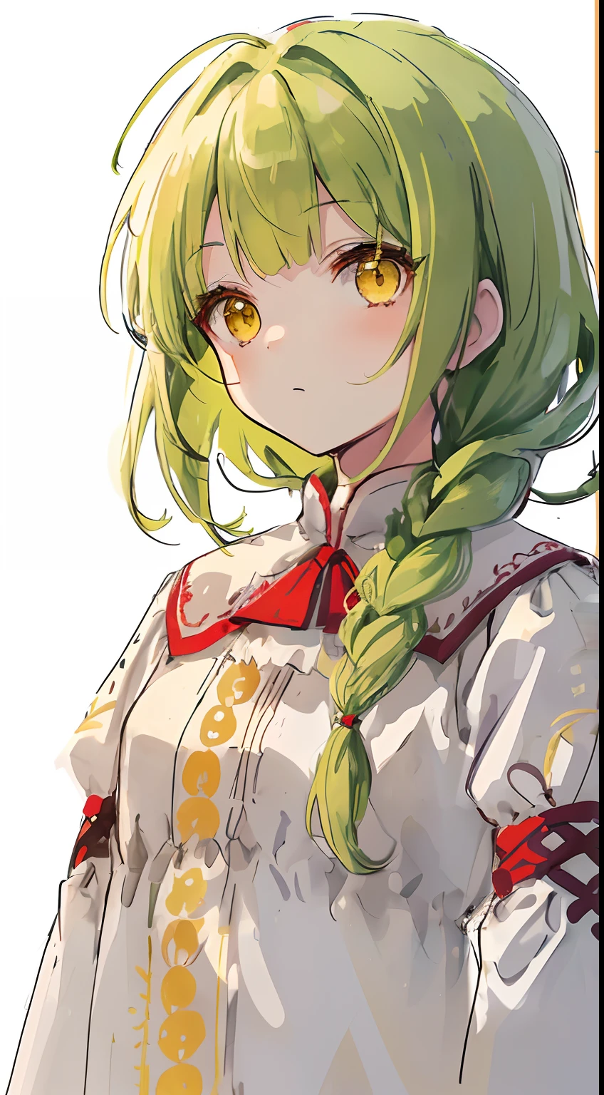 (sketch drawing:1.2), close up, 1girl, (cute), (yellow eyes), (green hair), (courly hair), (1braid:0.7), (small braid), cut bangs, 1poppy in hair, (white blouse), (red embroidery blouse), (white background)