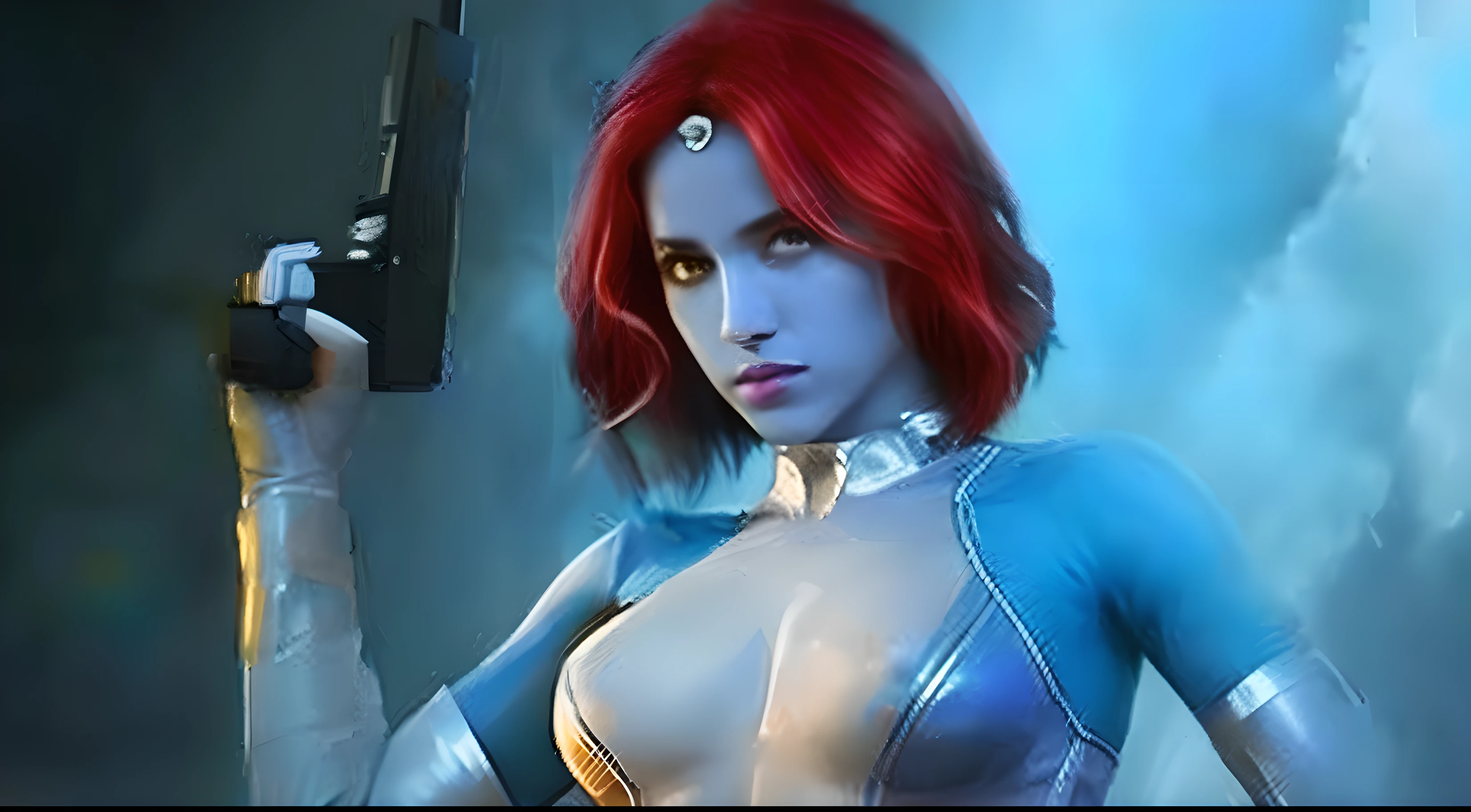 (melhor qualidade, 4k, 8k, alta resolução, obra-prima: 1.2), ultra detalhado, (realista, foto realista, foto realista: 1.37), retrato, pele azul, arma, mystique, mulher, female, cabelo ruivo, olhos completamente amarelos, olhar intenso, metamorfo, poderosa, Luvas e roupas brancas, confiante, fundo escuro, smoke effects, olhos brilhantes, menacing expression, cores vibrantes, lighting dramatic