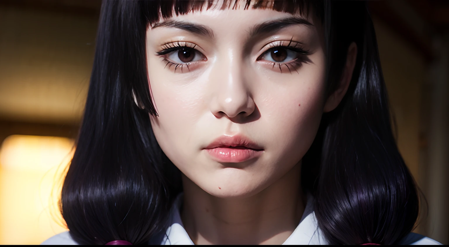 Utahime, blackish-purple hair, brown eyes, slender, miko outfit, pigtails, bangs, upper body, extremely beautiful face, detailed face, detailed eyes