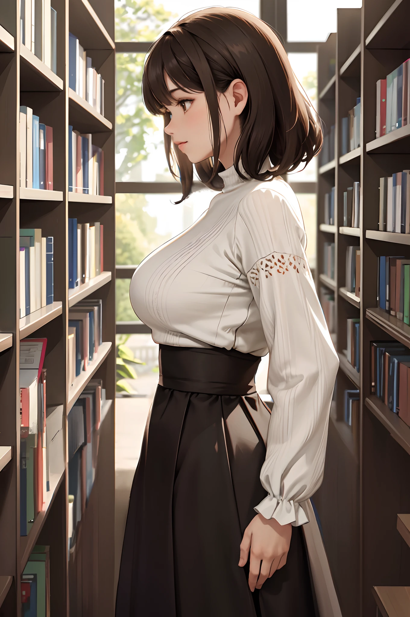 1lady solo, from side, /(knitted shirt/) /(high-waist long skirt/), mature female, /(brown hair/) bangs, (masterpiece best quality:1.3) delicate illustration ultra-detailed, large breasts BREAK /(public library/) indoors, bookshelves