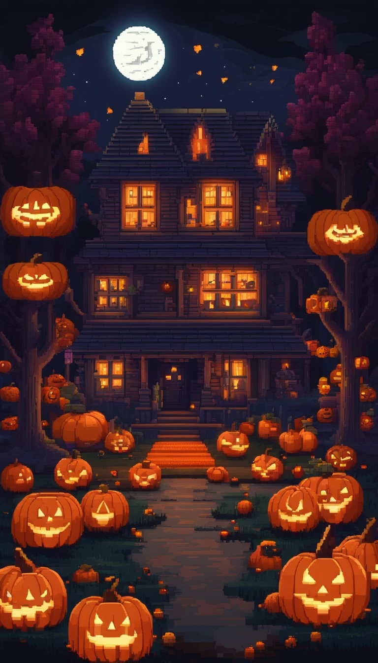 Pixel-art spooky night scene, 3D pixel art 4K wallpaper, Incredible pixel art detail, Pixel art, Detailed Unreal Engine pixel art, The Car, borgar, ln the forest, pumpkins, halloween