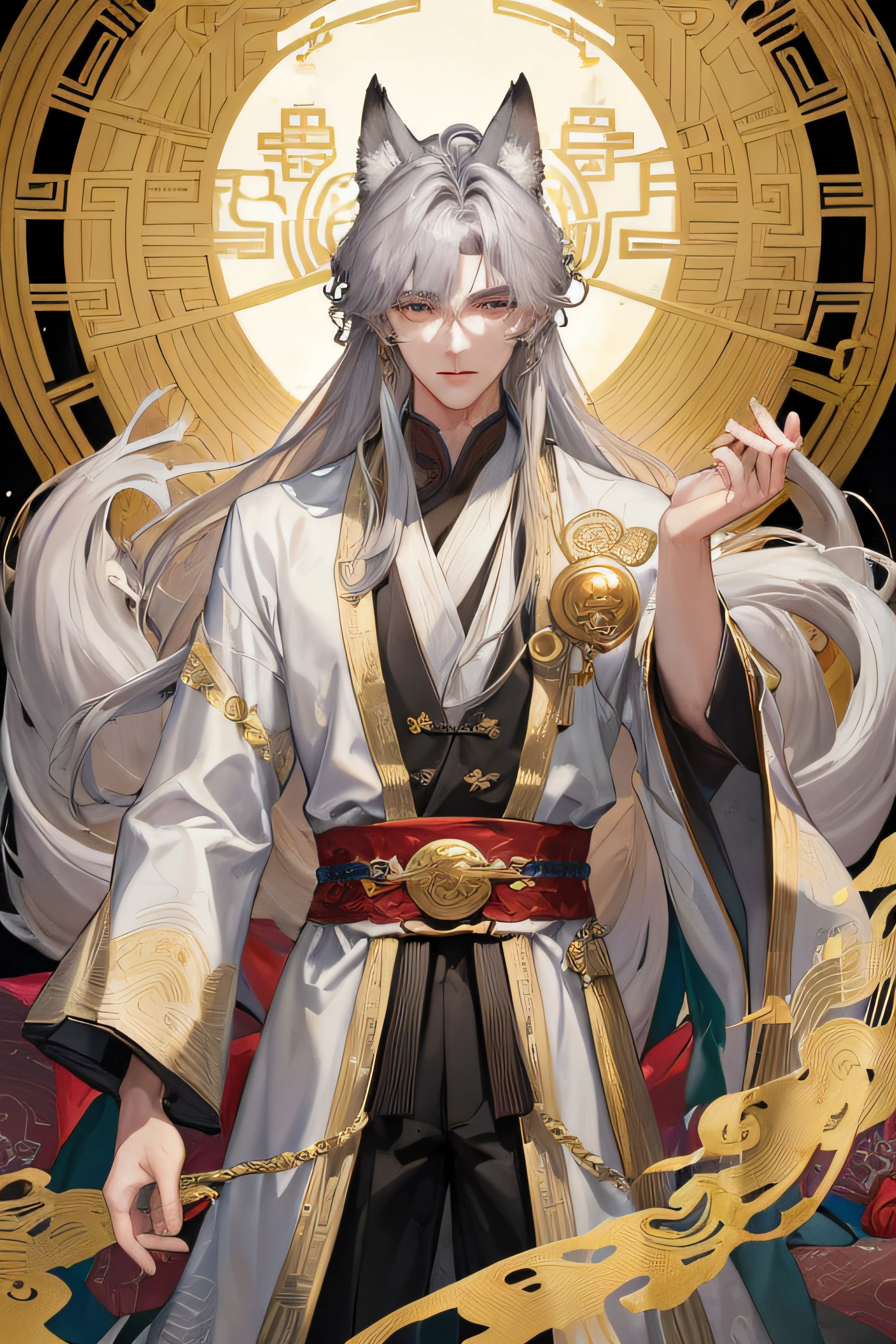 Masterpiece, Best quality, Night, full moon, 1 man, Mature man, Chinese style, fox ear，Ancient China, Gray hair like spring, Golden eyes, Split ends of hair, Long hair, Long bangs, Handsome, Handsome, Masculine, gentle, Tall, calm, Mixed white and gold clothing, Gold pattern, Dragon Pattern Road,  in wonderland