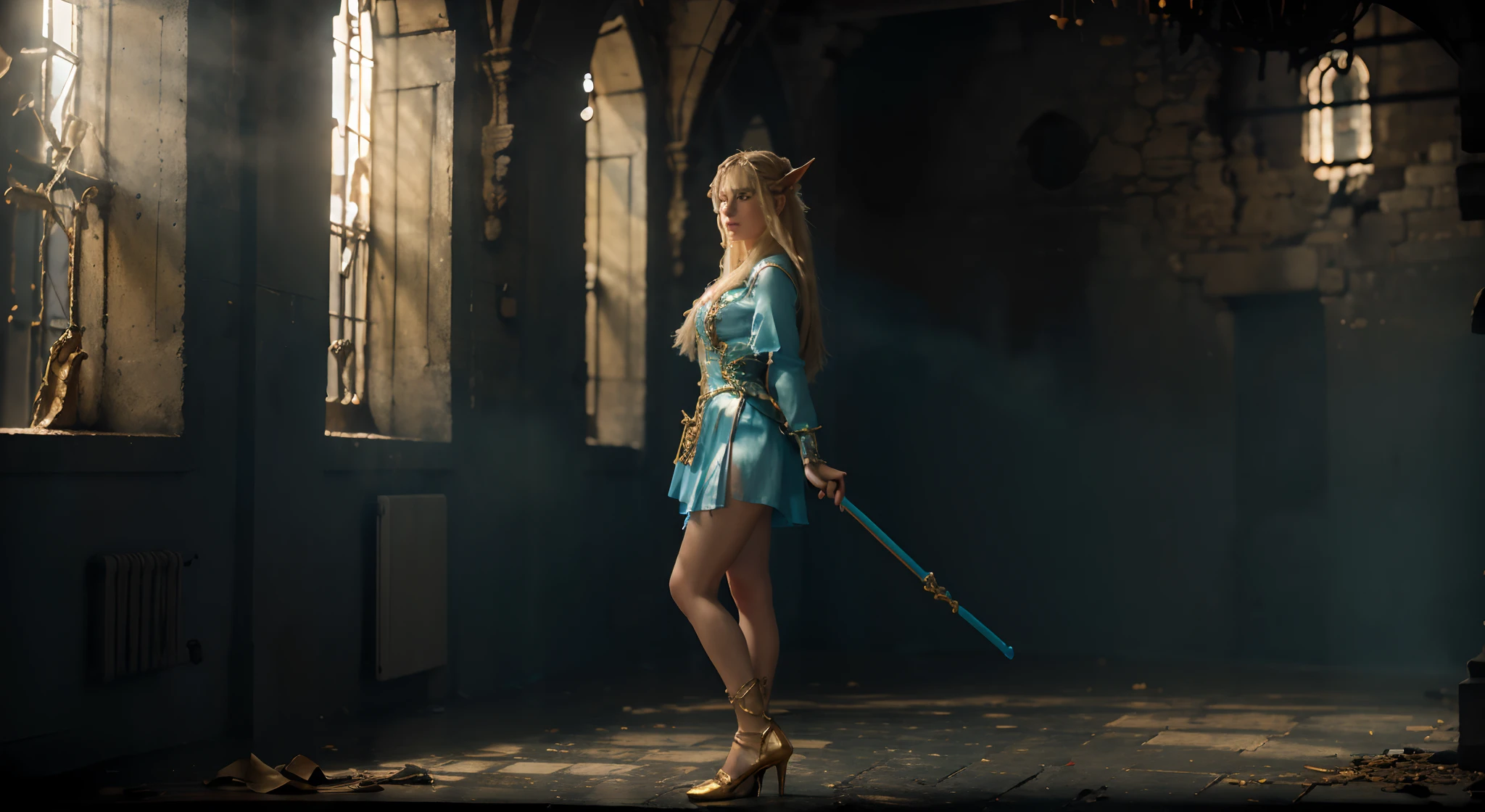 (1 girl) Blonde Elf. Cyan eyes. (golden long curly hair, scattered in a mess:1.1). Detailed eyes and face, delicate features. , (Sexy). Magical atmosphere, bright colours, hight resolution, Ultra-detailed, sharp-focus, Photorealistic