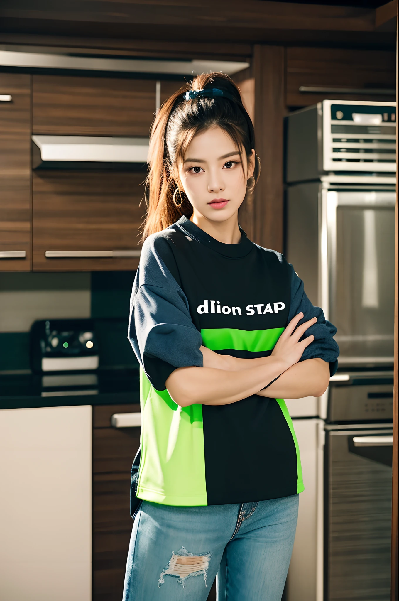 arafed woman standing in a kitchen with her arms crossed, she is wearing streetwear, mid shot portrait, woman in streetwear, portrait of jossi of blackpink, official product image, portrait shot, casual modern clothing, with fluo colored details, product introduction photo, modern casual clothing, casual black clothing, full portrait, casual pose, designed for cozy aesthetics!