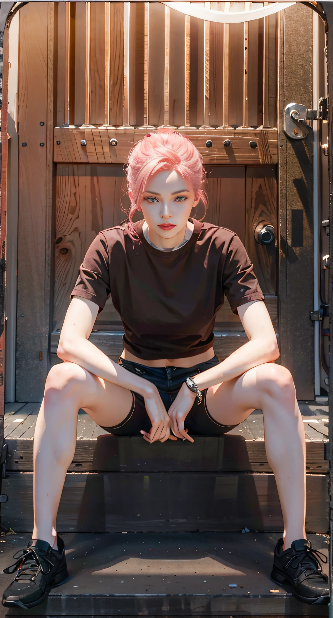 a close up of a woman with red eyes colour, red eyes, serious face, serious eyes, straight-faced, beautiful haired girl, pink hair, pink hair,, high quality, full body, (photorealistic:1.4), raw photo, 1girl, looking_at_viewer, makeup, solo, light smile,shadows, contrast, analog style (look at viewer:1.2) (skin texture) (film grain:1.3), (warm hue, warm tone:1.2), close up, cinematic light, sidelighting, ultra high res, best shadow, RAW, RAW photo, a 22-year-old, lipstick, soft lighting, high quality, ((soft lighting:1.4),(pale skin:1.4), highres, sharp focus, extremely detailed, (spotlight), stage, beautiful detailed eyes, masterpiece, cinematic lighting, dslr, Fujifilm XT3,