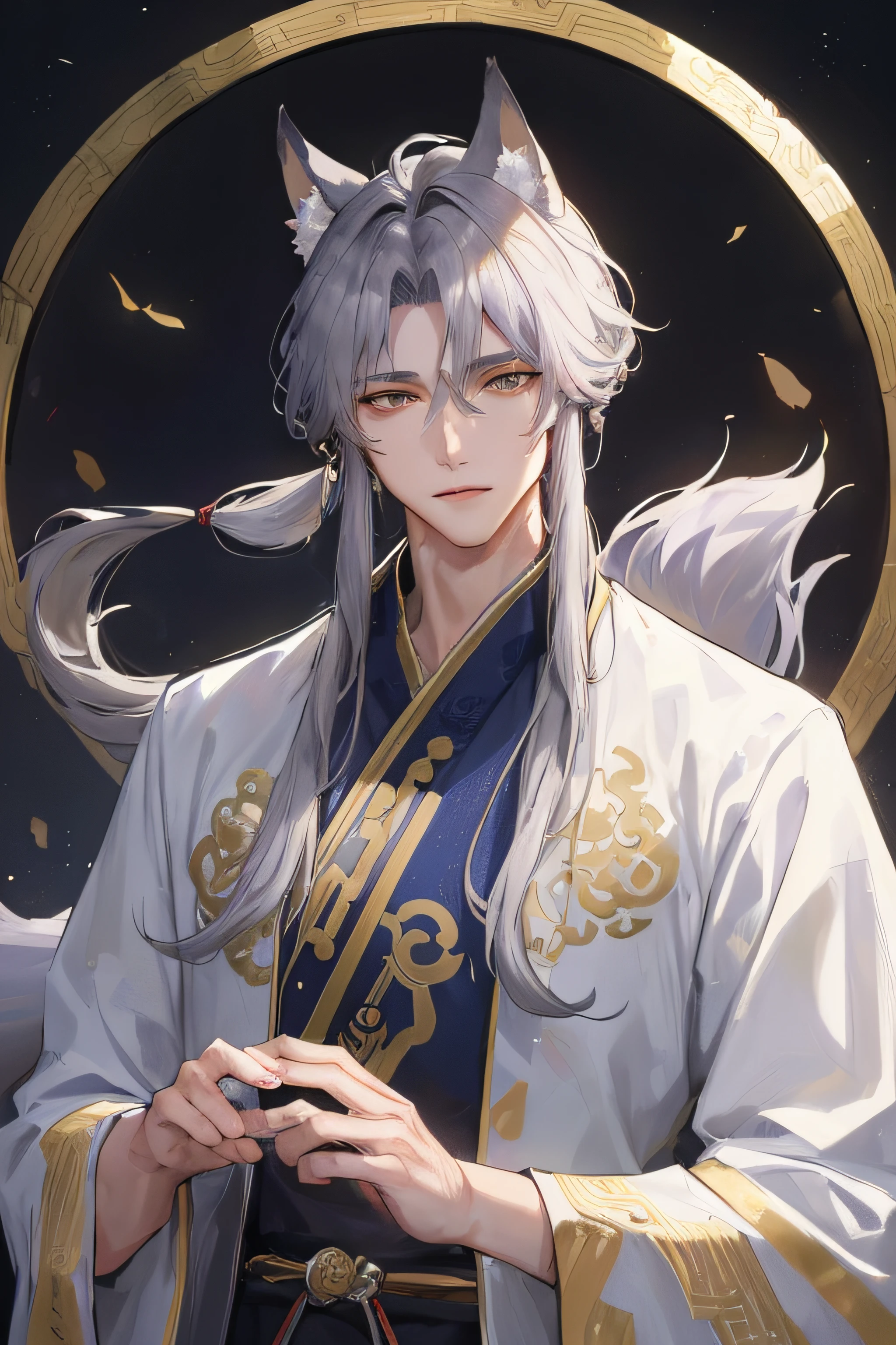 Masterpiece, Best quality, Night, full moon, 1 man, Mature man, Chinese style, fox ear,Ancient China, Gray hair like spring, Golden eyes, Split ends of hair, Long hair, Long bangs, Handsome, Handsome, Masculine, gentle, Tall, calm, Mixed white and blue clothing, Dark background, fox tails,Fox element, in wonderland