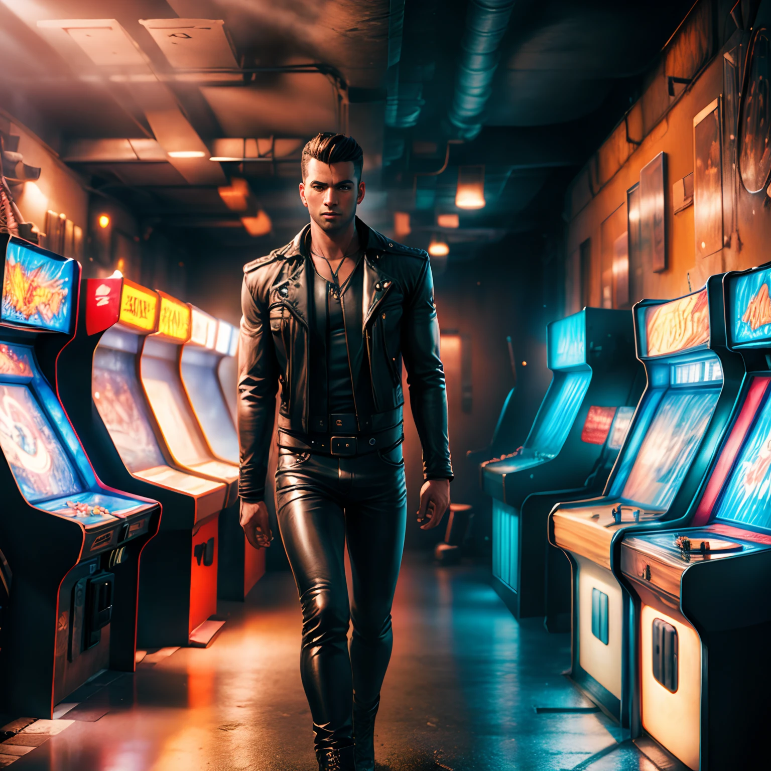 Handsome man in leather jacket, Walk alone in the arcade game room, ready for action, Upper body, Close up, Arcade，Retro，Nostalgia， (primitive, 8K, hyper HD, Fujifilm XT3),